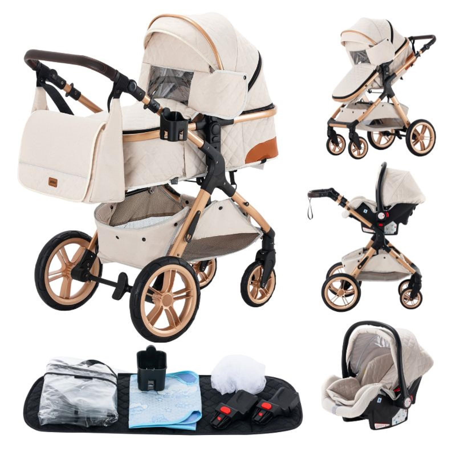GLOKID Carrito bebé 3 Piezas, Carro, Carrito bebé 3 en 1, Silla Paseo, Sistema de viaje, Plegable, neumáticos de caucho, Con accesorios, Góndola, Adaptateurs, 25 kg (XX1 Crema)