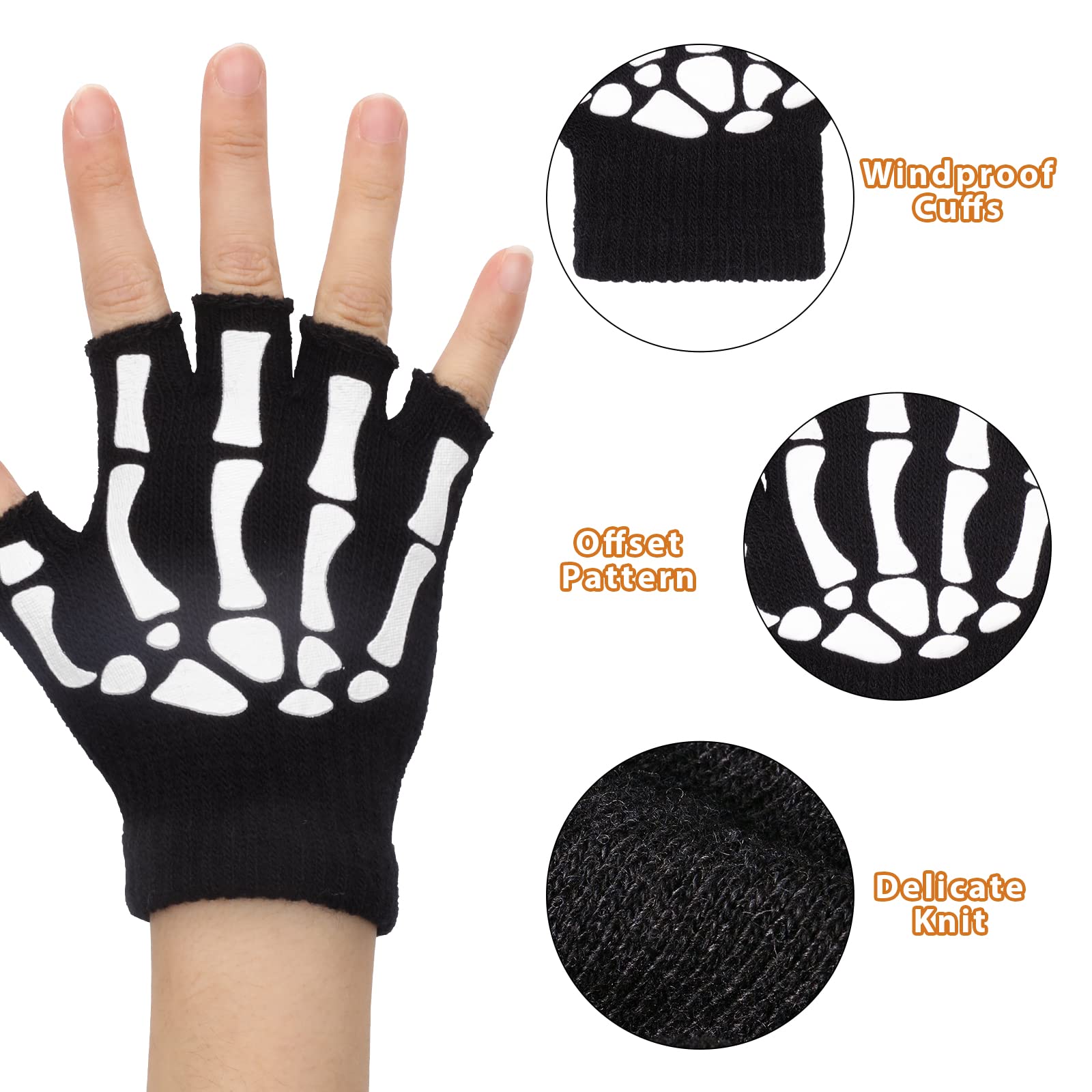 TAGVO Guantes Mágicos de Invierno para Niños 4 Pares, Guantes Calientes Esqueleto, Luminoso Manoplas de Dedo Completo Elásticas para Niños Niñas, 5-14 Años para Uso en Invierno Halloween
