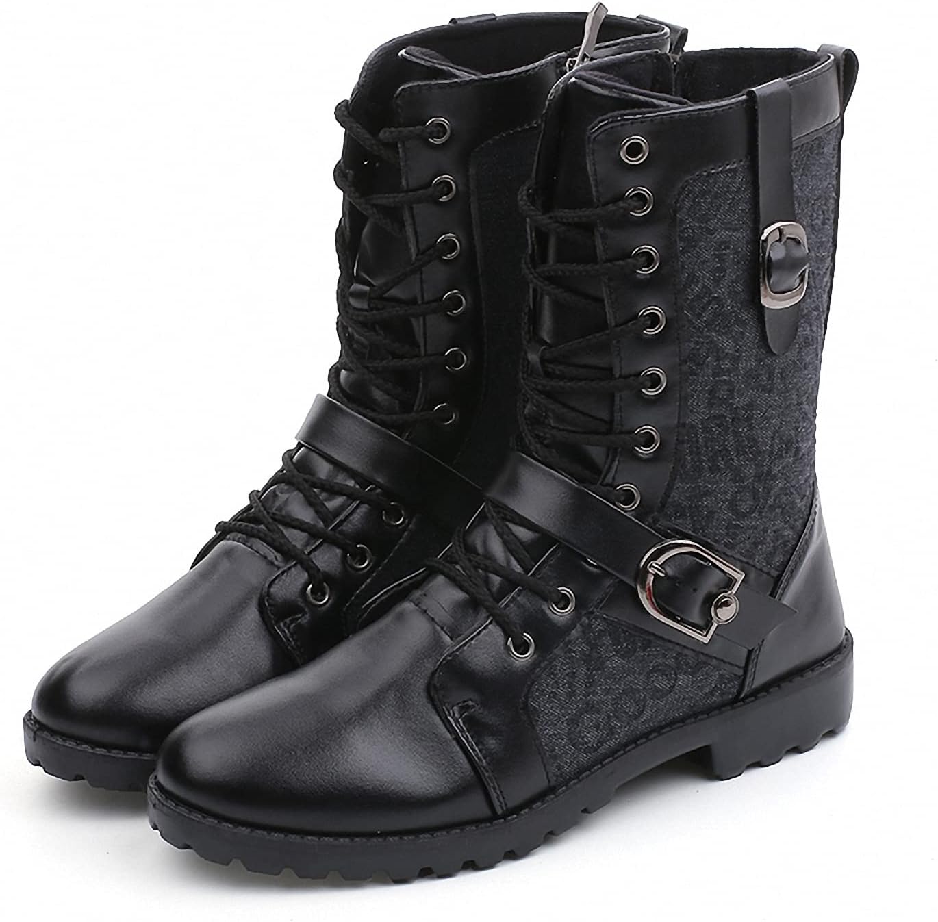Tebapi Mens Motorcycle Punk Boots Leather Backpacking Military Mid-Calf Retro Rock Boots for Winter Autumn Black Lace-up Buckle Shoes Men Tactical Army Riding Hunting Walking Boot