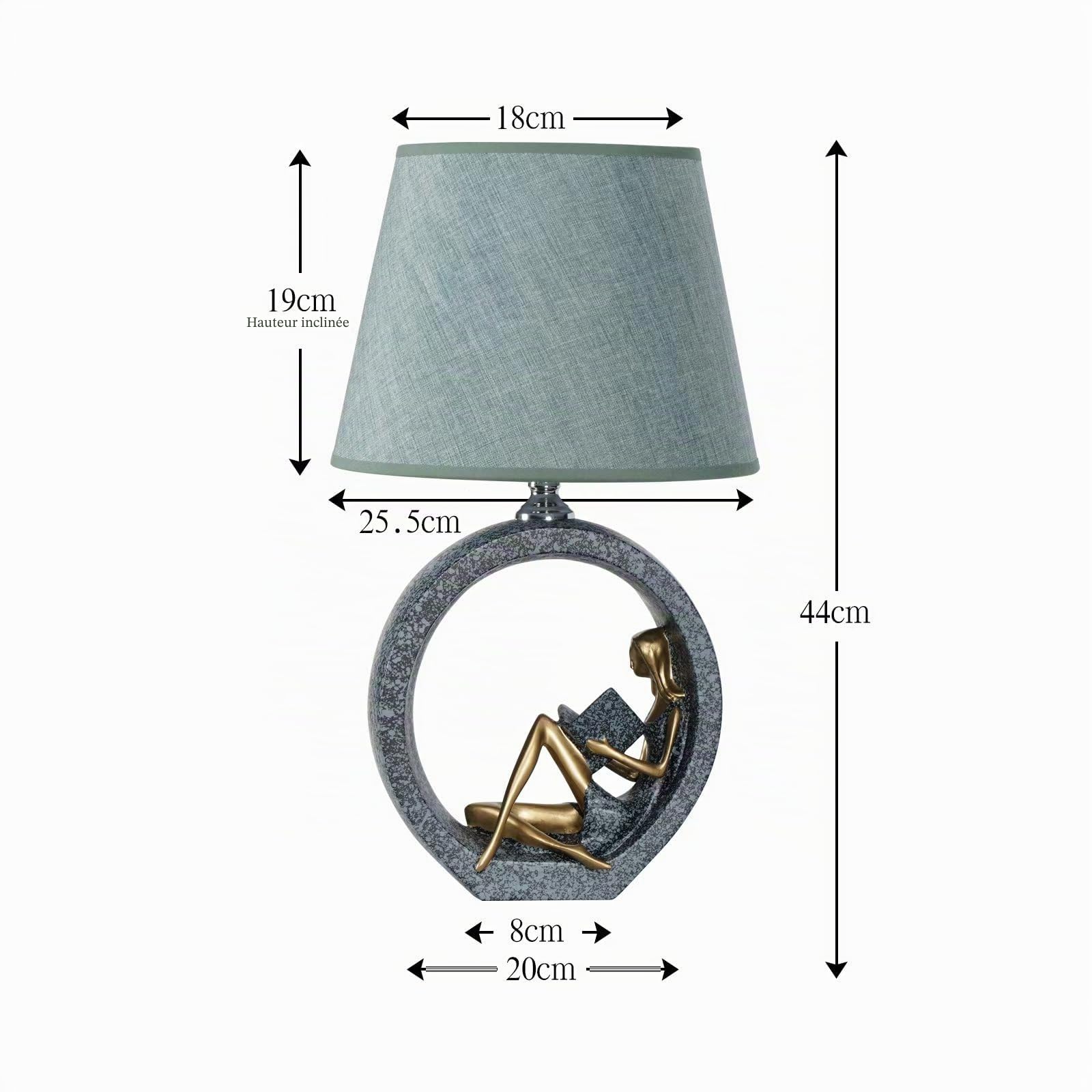 Creative Girl Lampe de bureau décorative avec base de figurine de lecture, vert noirâtre et or, hauteur 43 cm, abat-jour blanc, décoration artistique