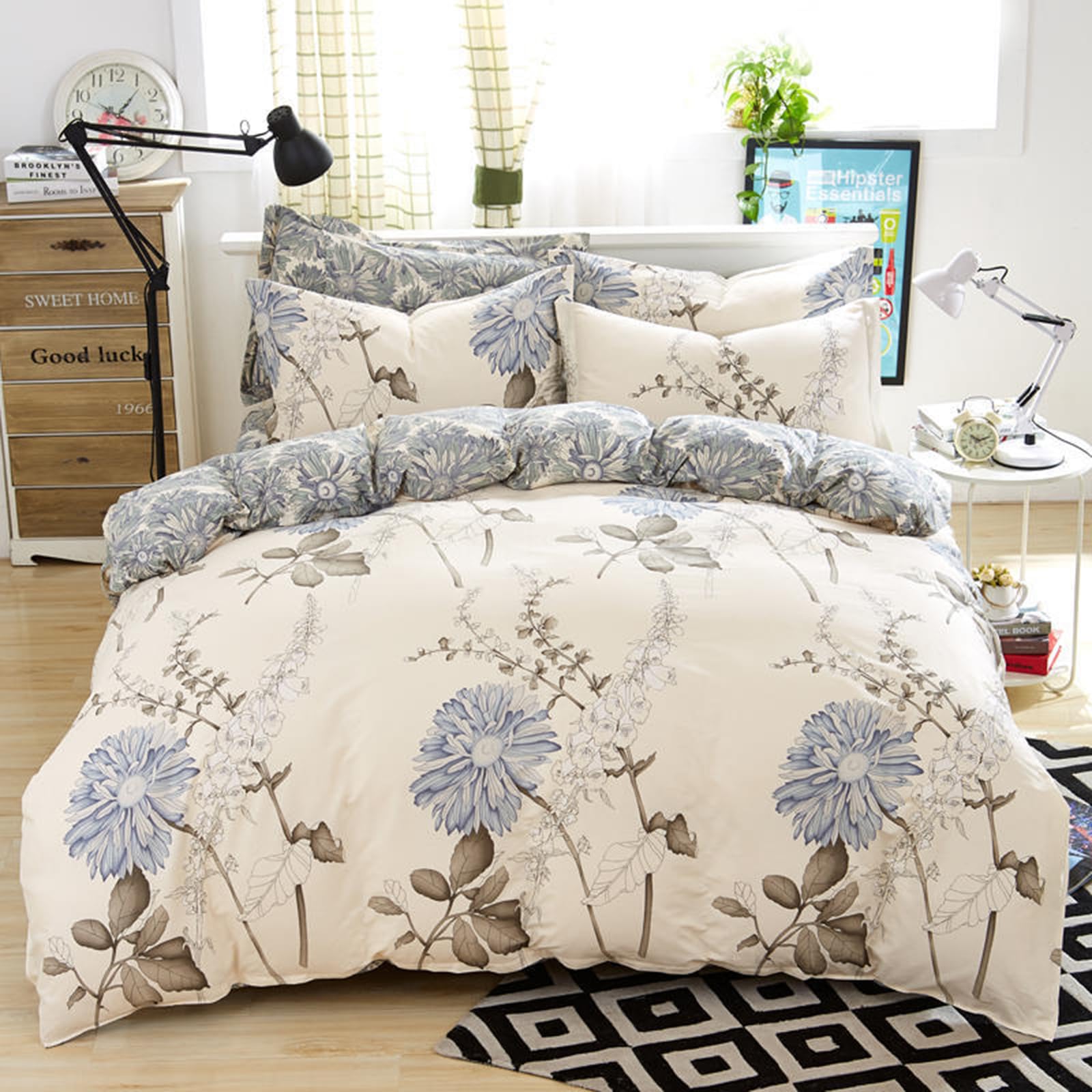 E-yimeng Double Bedding Set Floral Duvet Cover Sets Beige Bed Cover with 2 Pillowcases Zipper Luxury Reversible Blue Hotel Quality Easy Care Super Soft Bedding Collections 200x200 cm