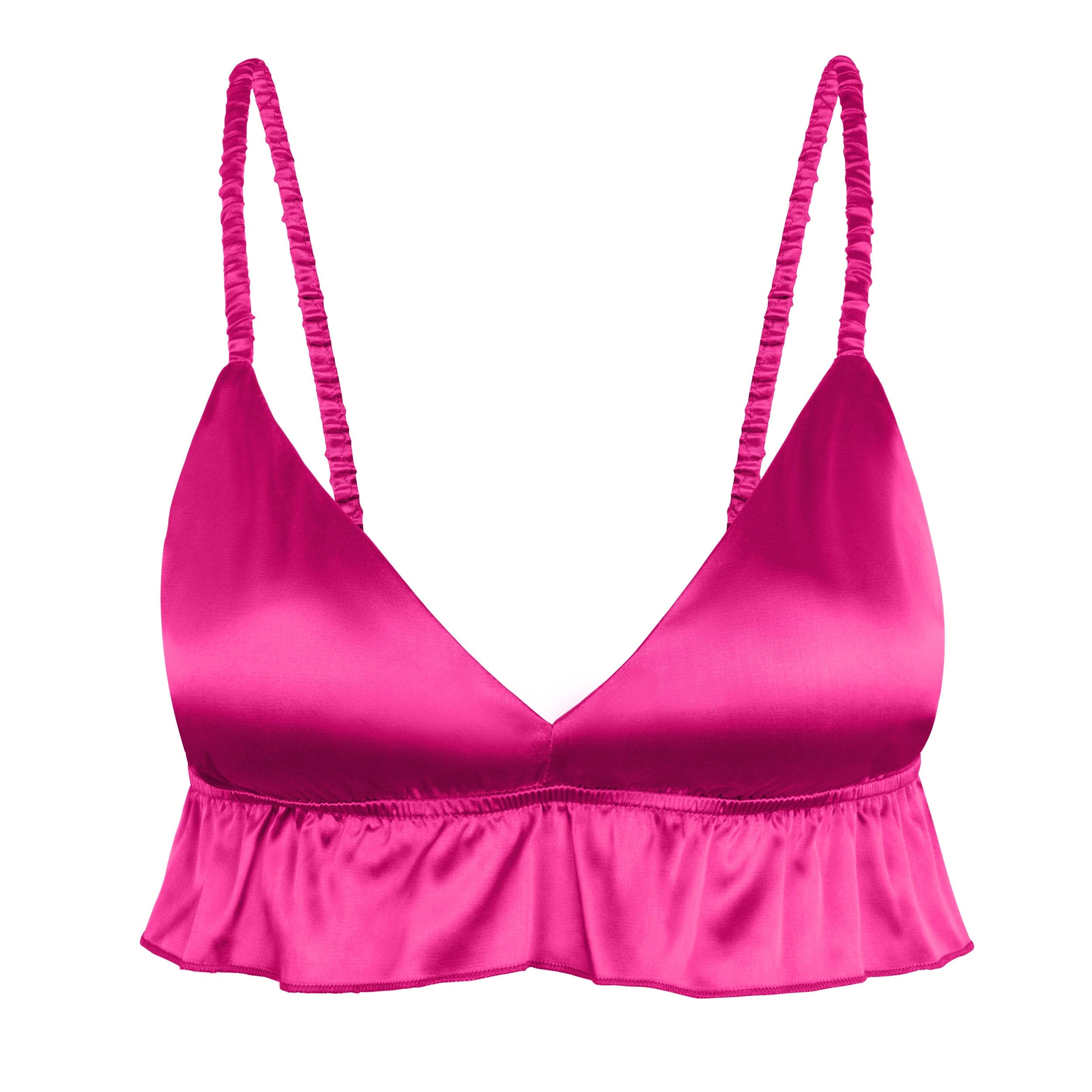 Satini Women's Hot Pink Sissy Frilly Ruffled Fitted Silky Satin Lingerie Bralette (, Xl)