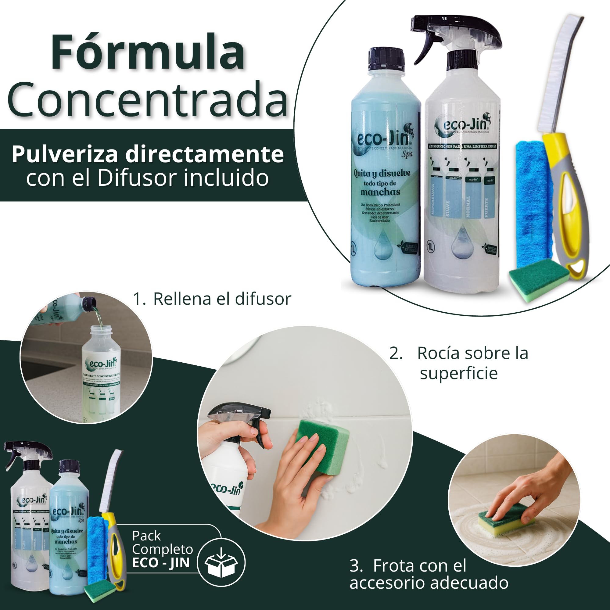 Eco-Jin Pack SPA | Difusor | Cepillo Para Juntas Amarillo | Bayeta Microfibra | Estropajo Con Esponja | Limpiador Multiusos