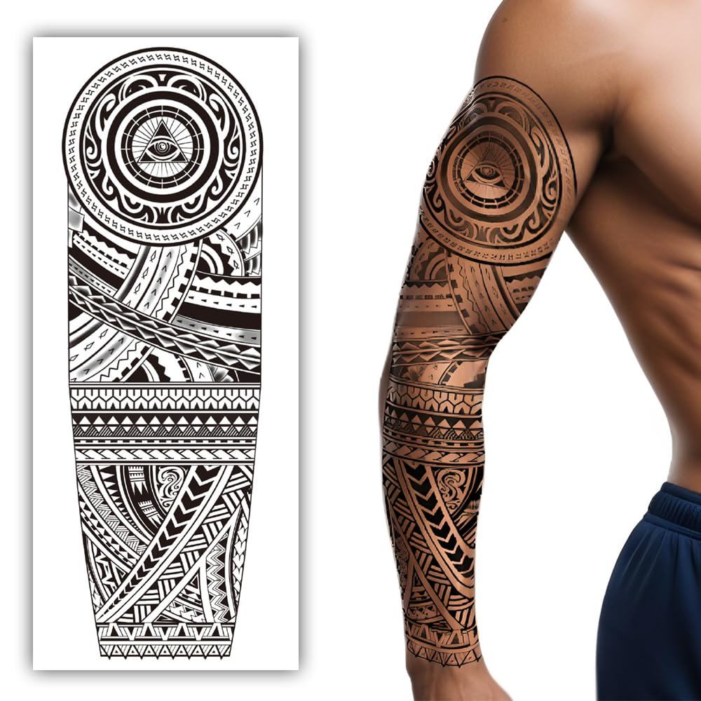 S.A.V.I Full Arm Temporary Tattoo Sleeve for Men – 48x17 cm Black Tribal Design with All-Seeing Eye – Waterproof, Non-Toxic, Easy to Apply & Remove – Long Lasting Body Art Sticker-image-15