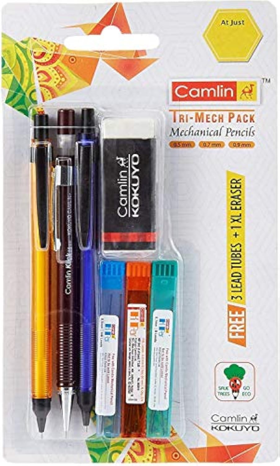 Camlin Kokuyo Tri-Mech Pencil - Set of 3 Mechanical Pencil (0.5, 0.7 & 0.9 mm) with Leads and Xl Eraser