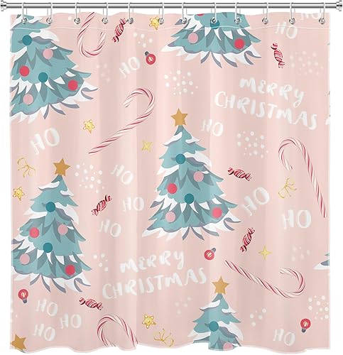 Miniatura 1 de Cortina de ducha azul con árbol de Navidad para baño, divertido patrón de dibujos animados y estrellas dulces sobre tela rosa con 12 ganchos, juego