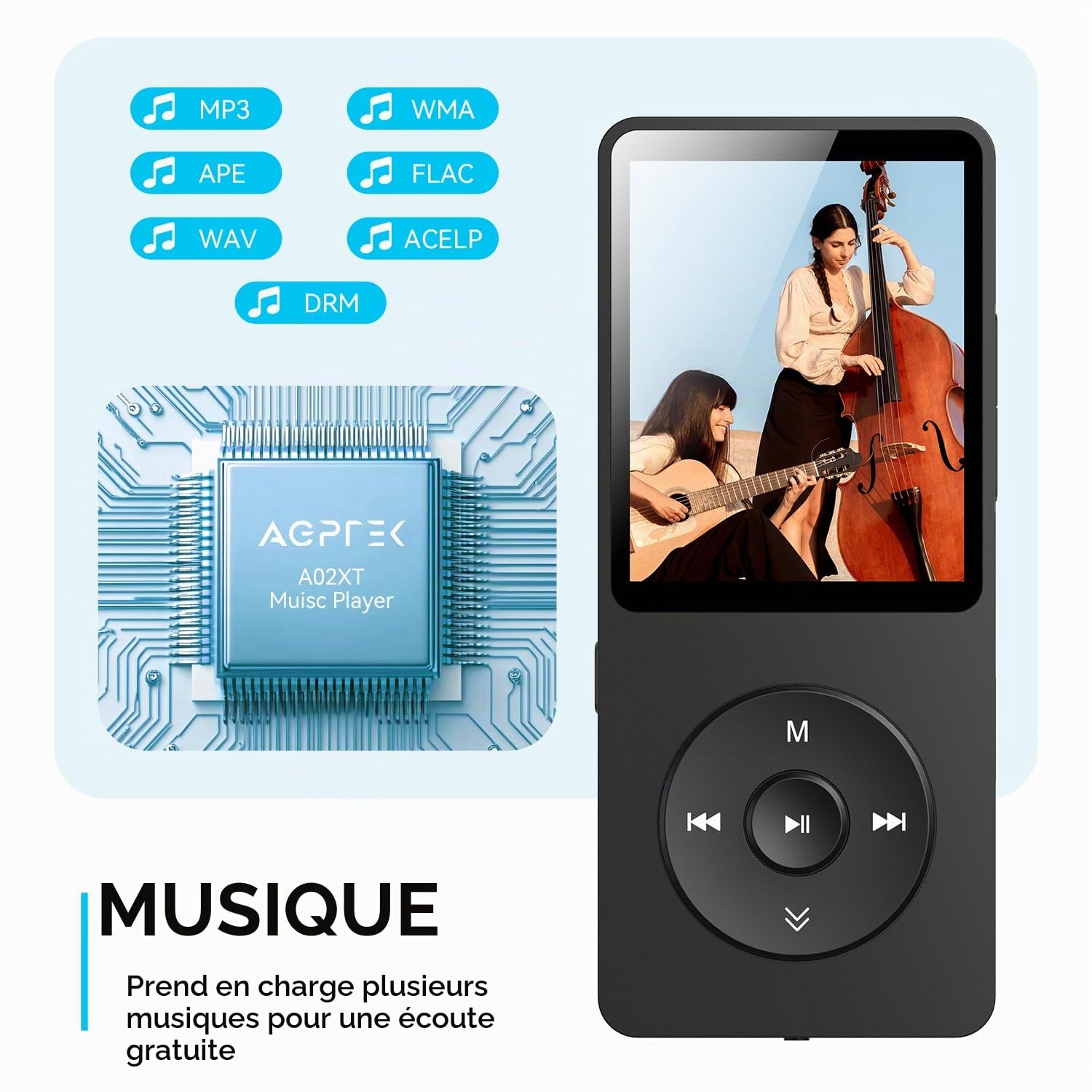 AGPTEK A02X Lecteur MP3 32 Go avec Bluetooth 5.3, écran de 1,8", Lecteur de Musique Portable avec Haut-Parleur, Radio FM, enregistreur Vocal, Prend en Charge jusqu'à 128 Go