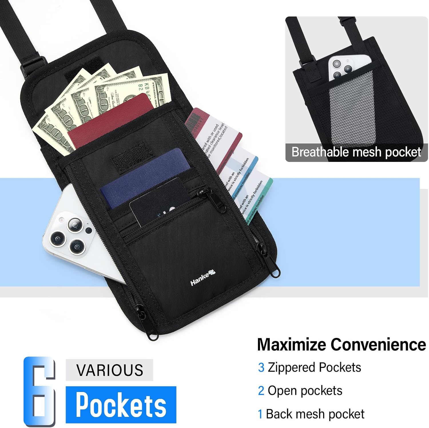 Hanke Passport Holder, Travel Wallet for Womens and Men, Neck Wallet Hidden Passport Pouch for Travel Adjustable Lightweight Thin with 6 compartments (Black) - Image 3