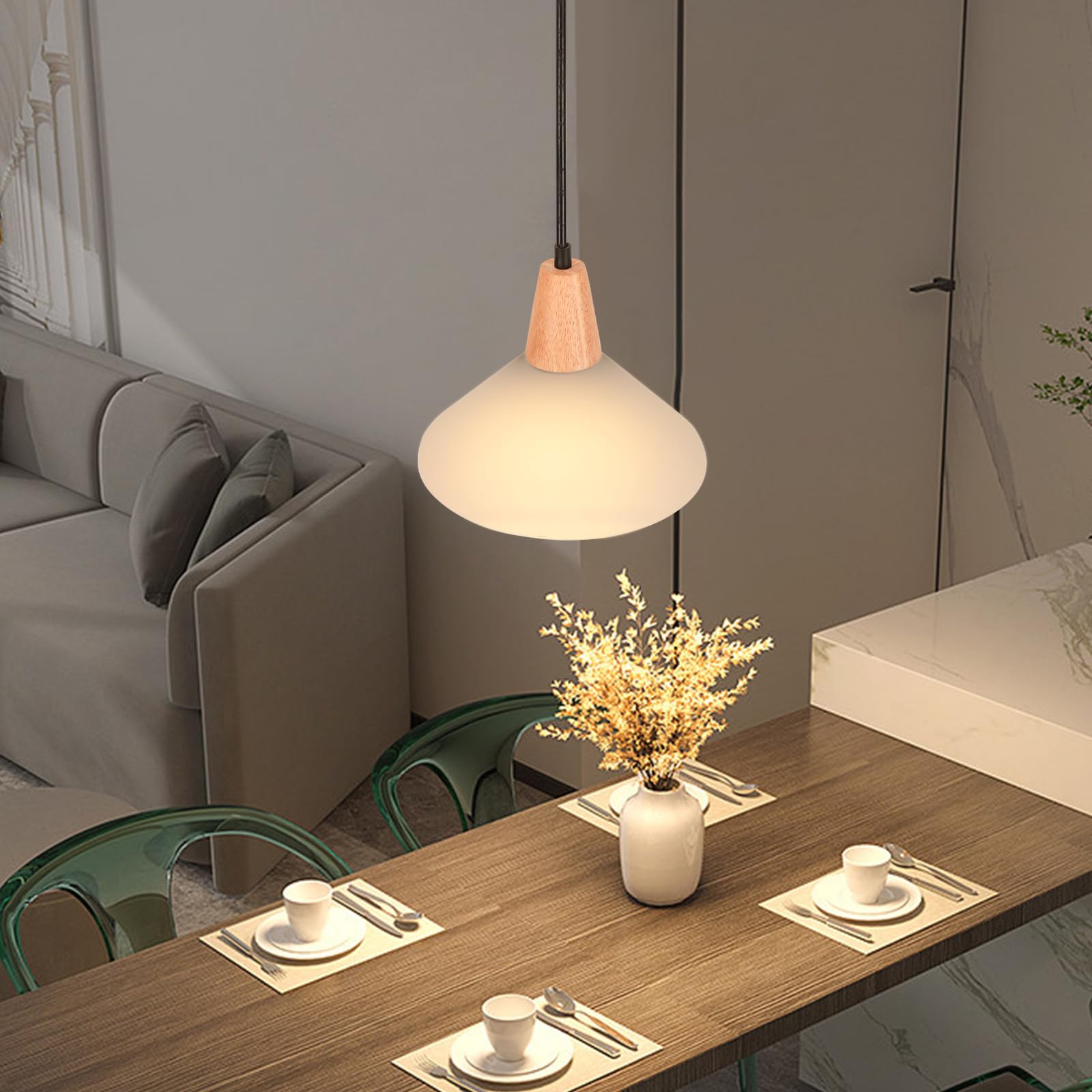 Lot de 2 Suspension Luminaire en Verre Lustre Vintage Industrielle E27 Plafonnier Lustre Moderne Abat-jour en Verre Ø23cm Bois Lampes Suspendues pour Cuisine Salle à Manger Chambre Café