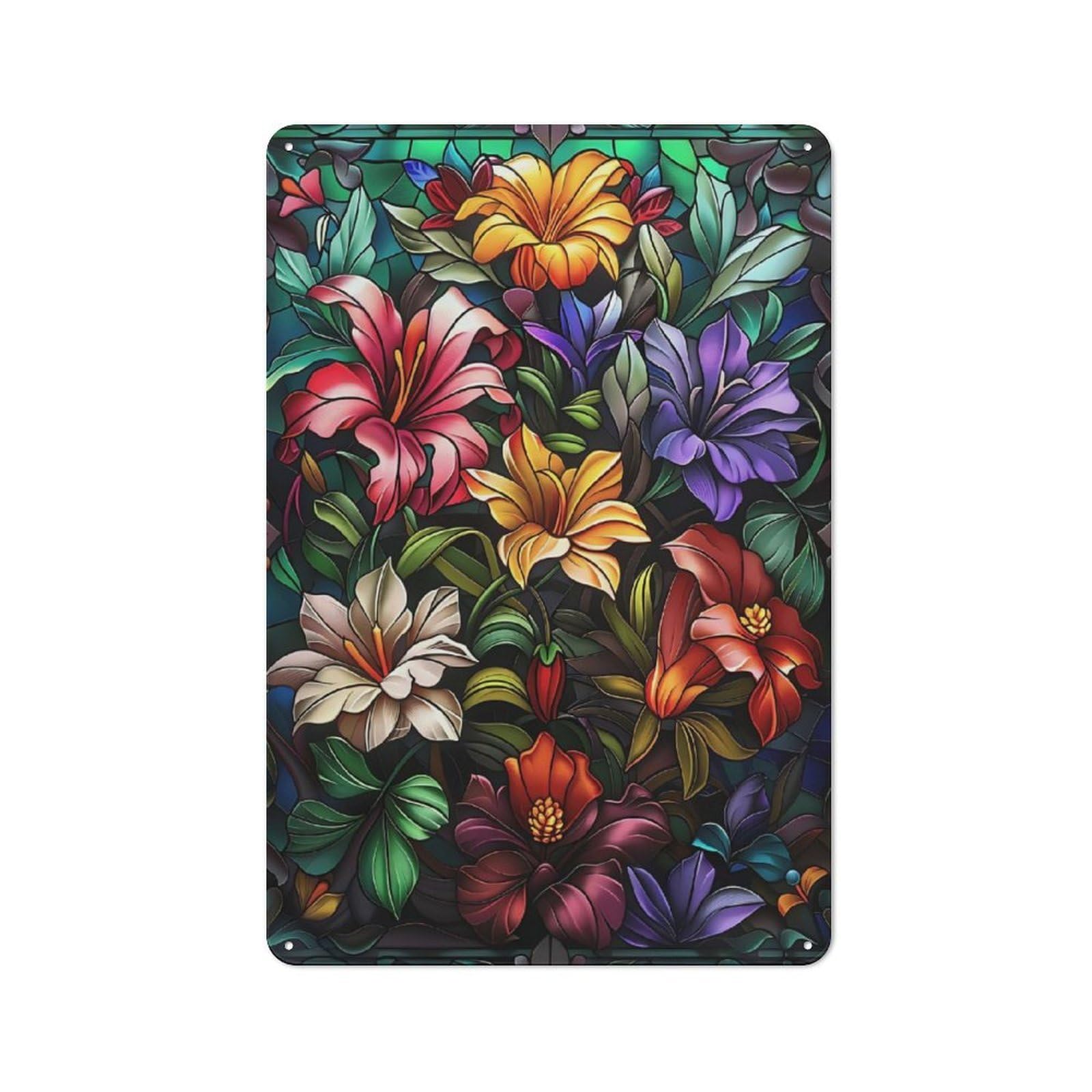 Junmoney Style-19 Stained Glass Floral Arrangement Decorative Tin Sign 30X20cm, Old Fashioned Vintage Wall Decor For Lounge, Study, Pub Or Wall Gallery