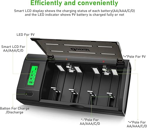 Miniatura 5 de BONAI Cargador de batería inteligente para pilas recargables AA AAA C D 9V Ni-MH Ni-CD con función de descarga y pantalla LCD color negro