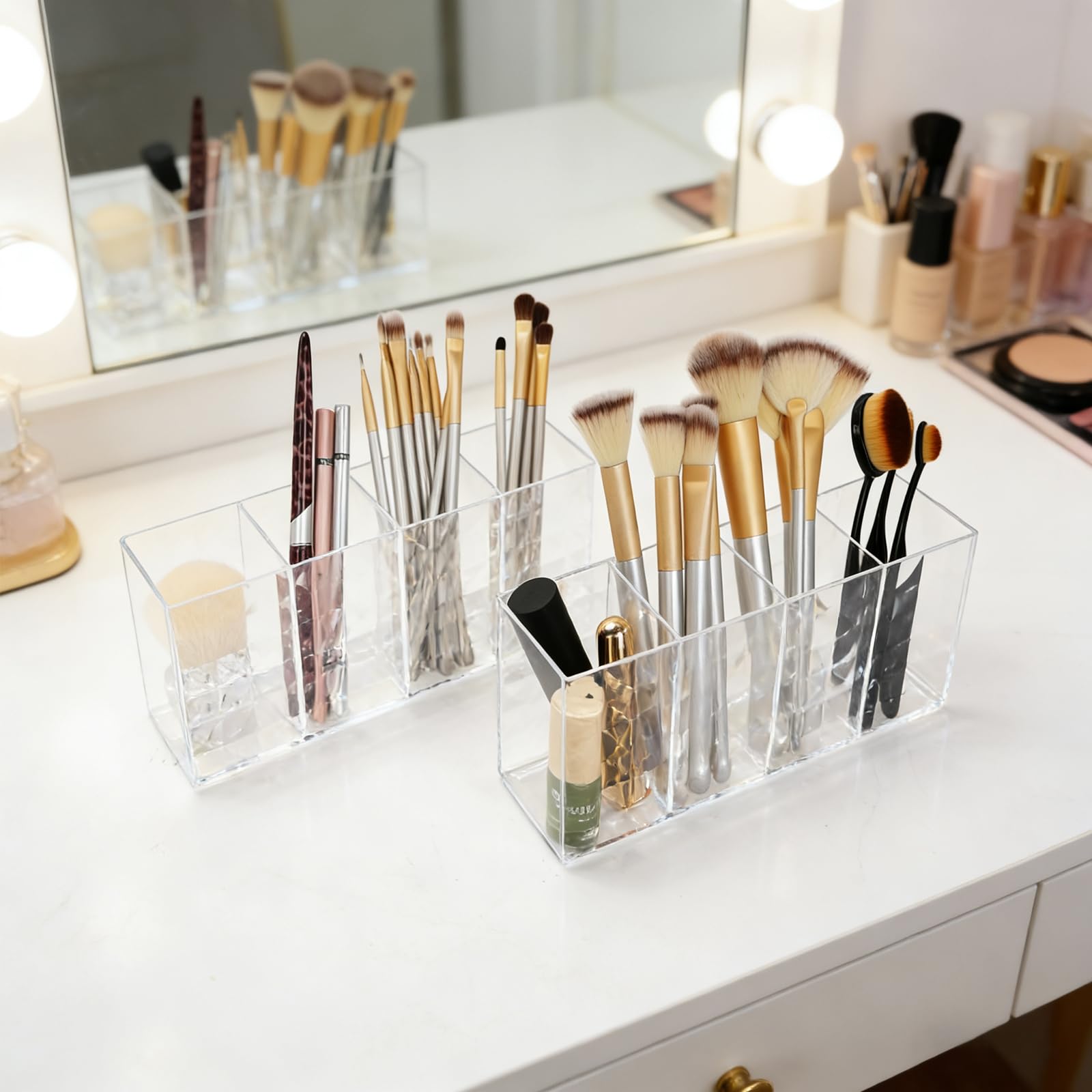 2 Pièces Rangement Pinceaux Maquillage, 4 Compartiments Support Cosmétique | Pot à Crayon en Acrylique Transparent pour Eye-liners, Pinceaux, Rouges à Lèvres et Mascaras