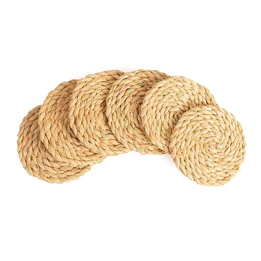 Kazi essentials boho coasters for drinks - set of 6, natural wicker raffia woven coasters, eco-friendly handmade by african artisans, housewarming gift, coastal, cottage décor (natural cattail)