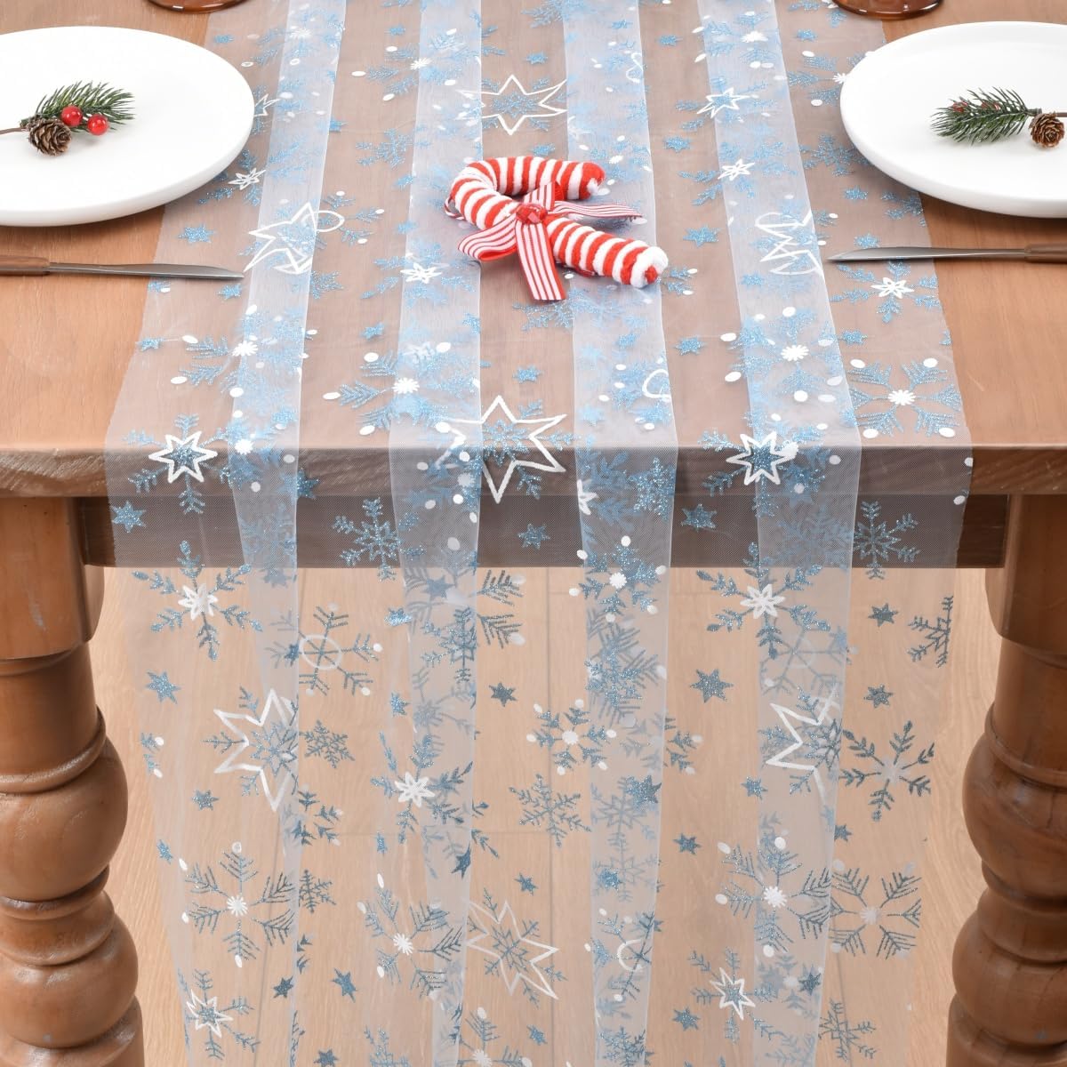 Joanlody 4pcs Blue Christmas Snowflake Gauze Table Runner Glitter Metallic Foil 10ft Seasonal Sheer Tulle Table Runner for Wedding Birthday Party Winter Festival Holiday Home Decor