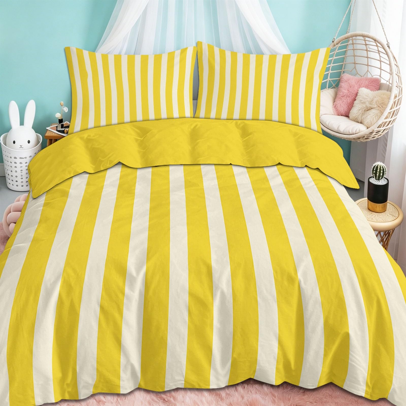 Juego de Ropa de Cama 150x220 cm Rayas Amarillas, Funda Nórdica Cama 90 Reversible Polialgodón Funda Edredon 3 Piezas para Niño Juvenil y Adulto, con Cremallera