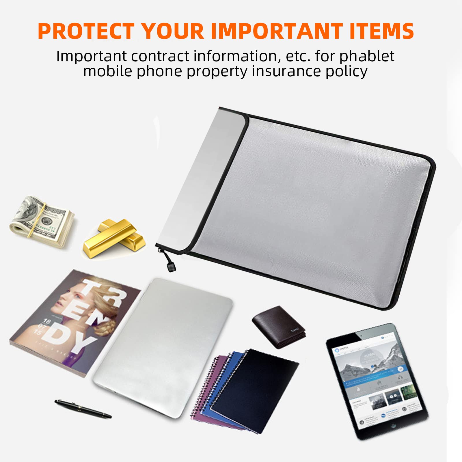 Sac Anti-Feu Imperméable 38x28,5 Cm Porte-Documents Ignifuge Jusqu'à 1093 ℃ Pochette Anti Feu Pour Documents Portable Avec Fermeture Éclair Velcro Pour Objets De Valeur Passeport Dossier Carte | FR