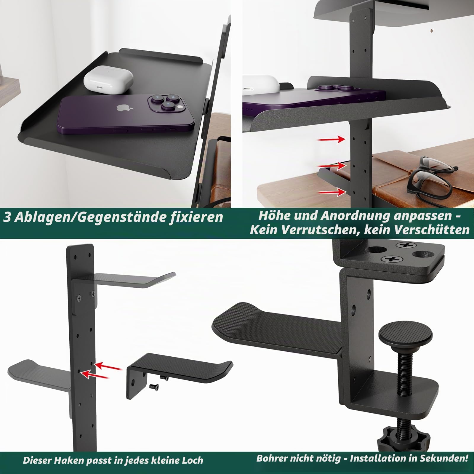 3-stufig Flexibles Klemmregal Schreibtisch Regal über & unter Tisch | Keine Bohrung, 3 Ablagen 28x17,5cm, 1,5-6cm Tischplatte, Edelstahl, Büro/Gaming, TV-Bank, Schreibtisch Erweiterung, seitlich