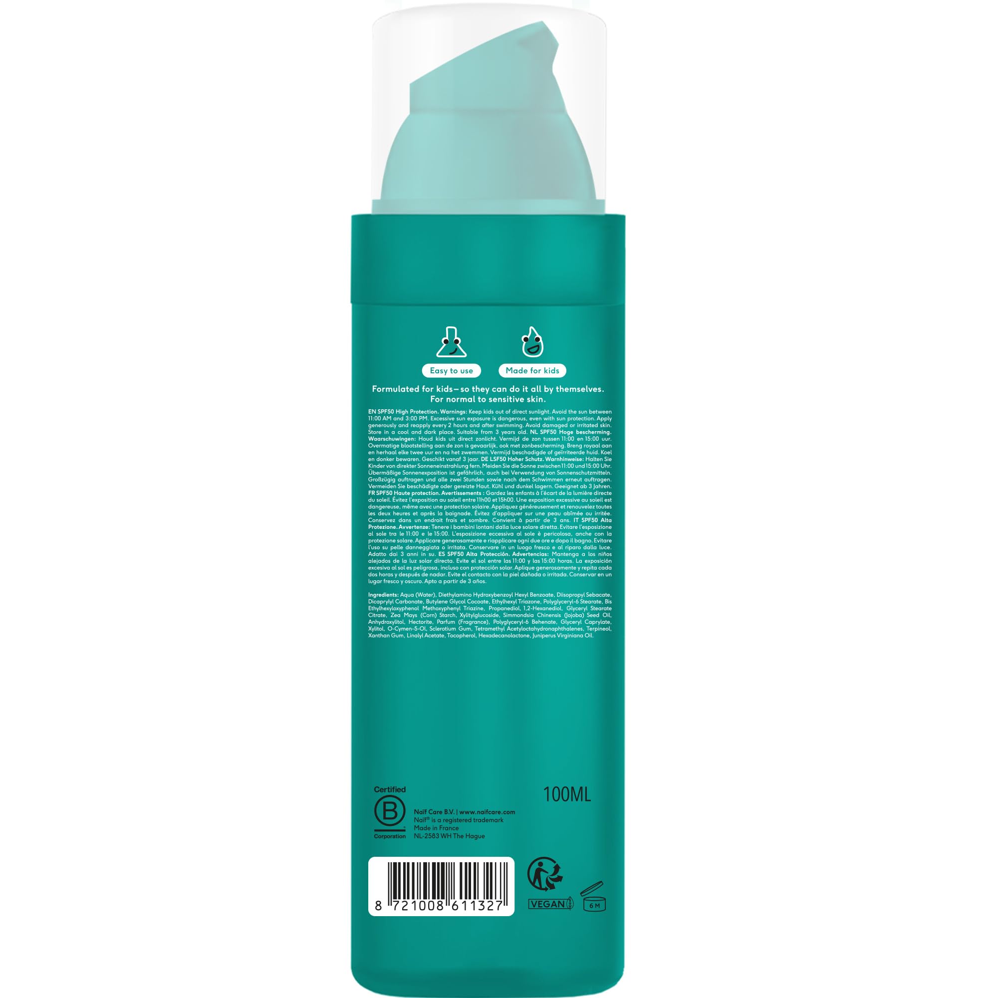Naïf - Lotion solaire pour enfants - SPF 50 - Dès 3 ans - Protection UVA et UVB - Résistante à l'eau - Testée dermatologiquement - Sans microplastiques - Parfumée - 100 ml