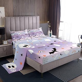 Feelyou Halloween Sheet Set Queen Size Sugar Skull BedÂ SheetsÂ Set for Boys Girls Teens Bedroom Decor Rainbow Bat SheetsÂ withÂ DeepÂ PocketÂ FittedÂ Sheet Ghost Purple White BeddingÂ Set with 2 Pillow Case