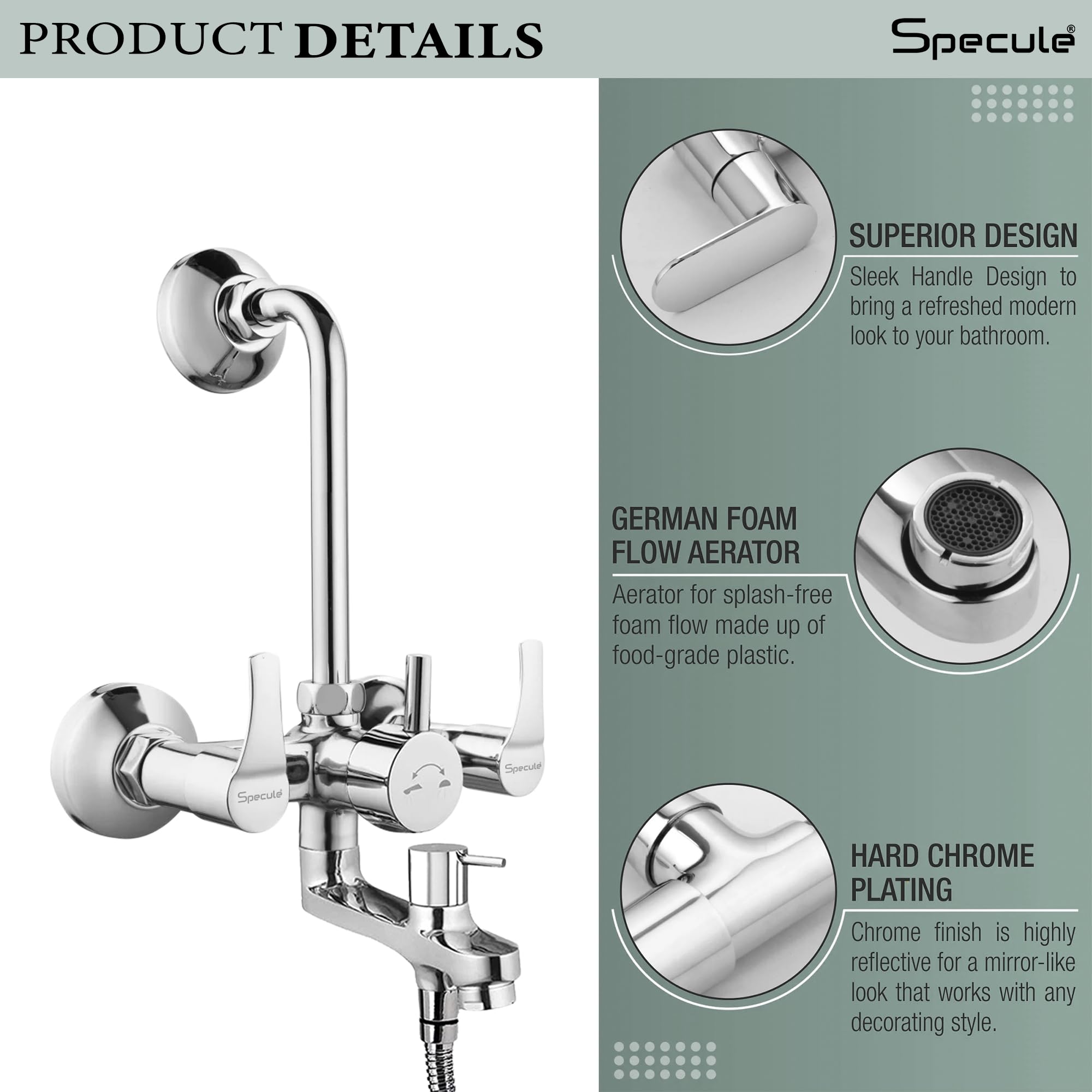 Topaz 3-in-1 Wall Mixer with Hand Shower - Chrome -5