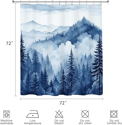 Miniatura 6 de Cortina de ducha de bosque brumoso azul marino, cortina de ducha de montaña azul y blanco para baño, decoración de paisaje natural, cortinas de baño