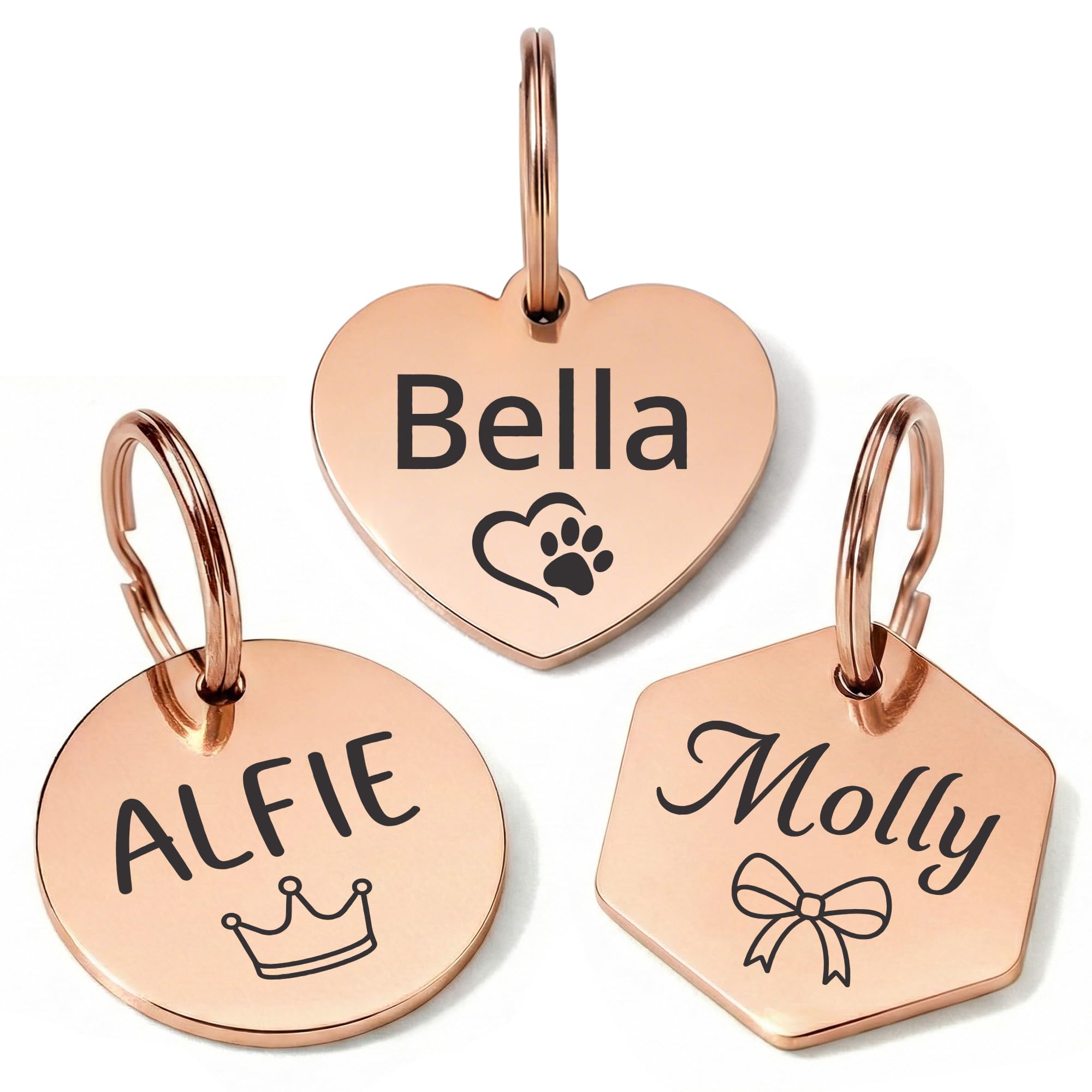 Dog Tags for Pets Engraved, ID Tag, Personalised Dog Name Tags, Customised Cat Tags, Laser Engraved Stainless Steel Pet Tags for Dogs, Cats, Puppy (Rose Gold, Heart Tag)