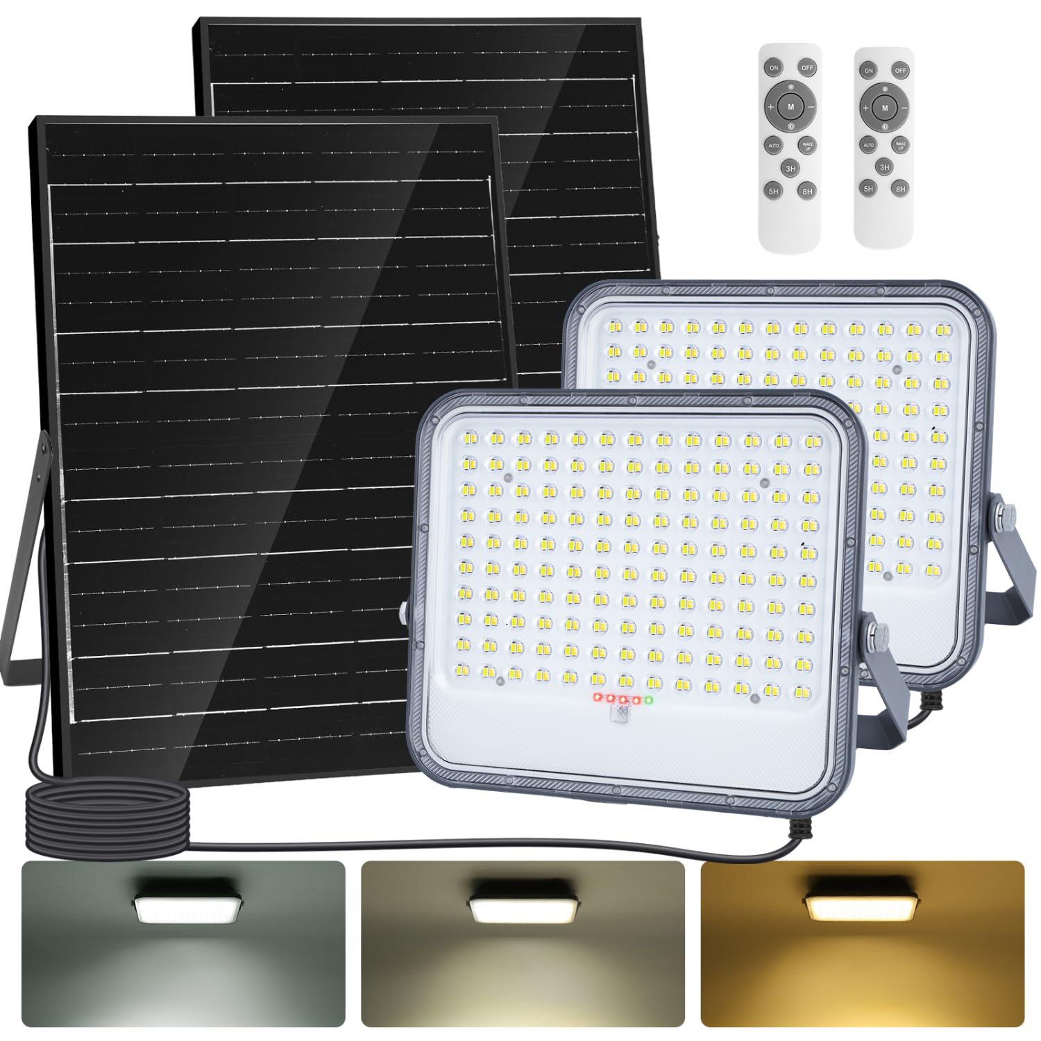 Aigostar Foco proyector LED solar con mando a distancia,2 Piezas,16000mAH,gran panel solar y batería de gran capacidad,regulable 3000/4000/6500K,IP66,cable 2m,Luz solar para exterior y jardín,patio