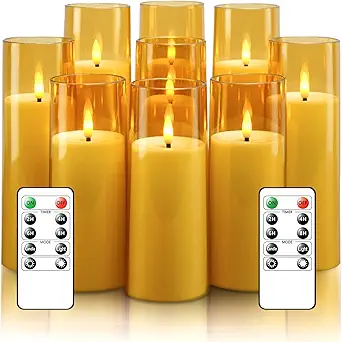 Flickering Flameless Candles Battery Operated with Remote and 2/4/6/8 H Timer Plexiglass Led Pillar Candles Pack of 9 (D2.3 xH 6" 7" 8") with Realistic Moving Wick Candles for Home Decor(Gold)