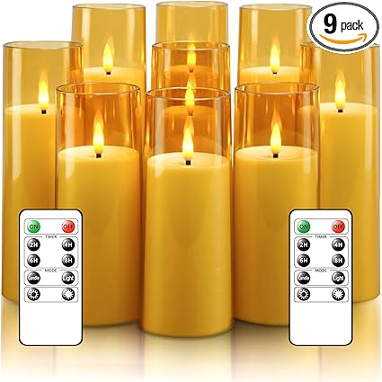 Flickering Flameless Candles Battery Operated with Remote and 2/4/6/8 H Timer Plexiglass Led Pillar Candles Pack of 9 (D2.3 xH 6" 7" 8") with Realistic Moving Wick Candles for Home Decor(Gold)