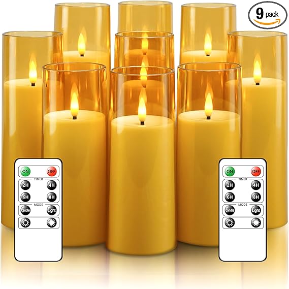 Flickering Flameless Candles Battery Operated with Remote and 2/4/6/8 H Timer Plexiglass Led Pillar Candles Pack of 9 (D2.3 xH 6" 7" 8") with Realistic Moving Wick Candles for Home Decor(Gold)