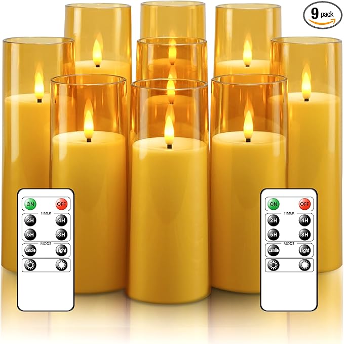 Flickering Flameless Candles Battery Operated with Remote and 2/4/6/8 H Timer Plexiglass Led Pillar Candles Pack of 9 (D2.3 xH 6" 7" 8") with Realistic Moving Wick Candles for Home Decor(Gold)