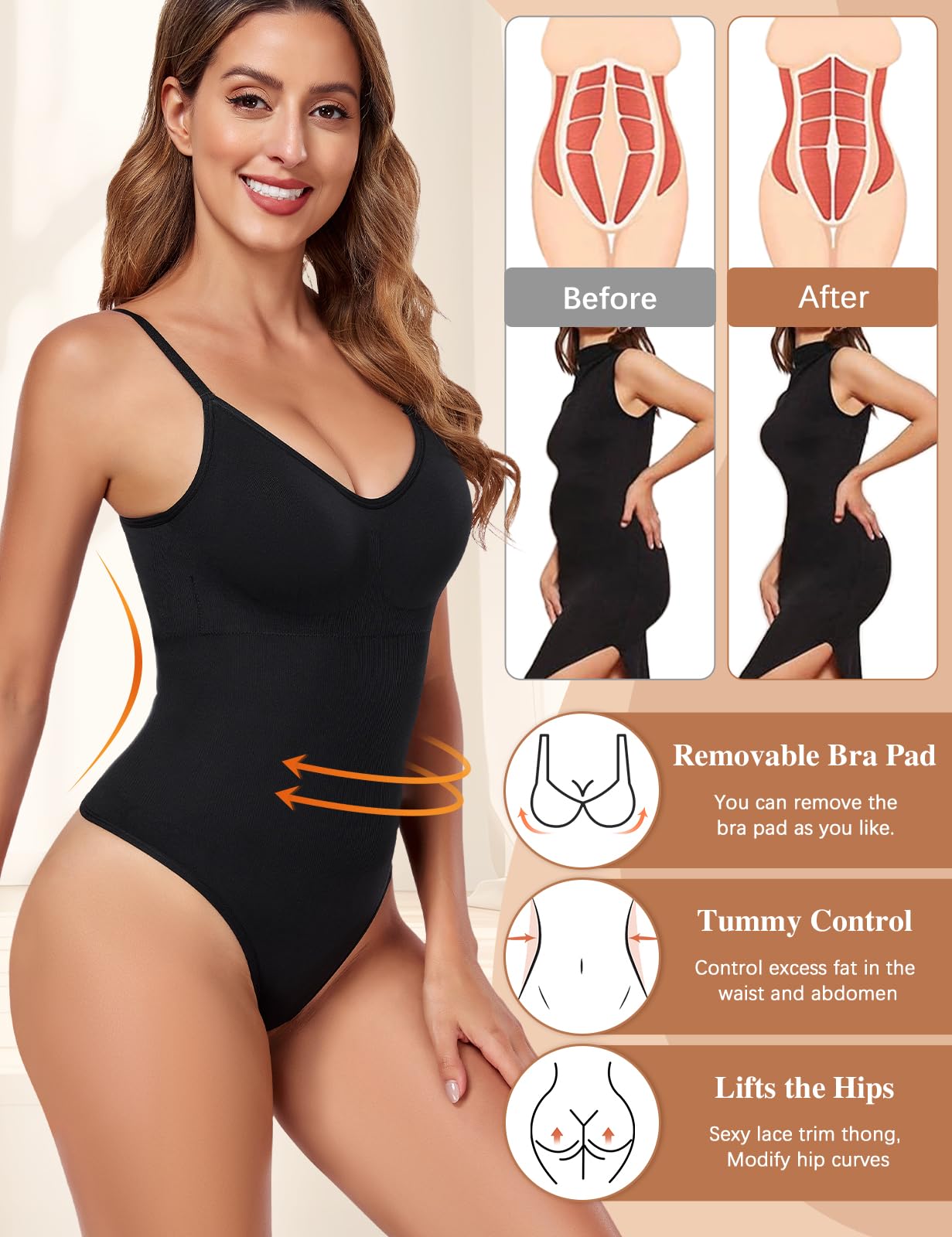 Tuopuda Body Contenitivo Modellante Donna Body Shaper Perizoma Bodysuit Guaina Contenitiva Shapewear Intimo Snellente Pancia Piatta Dimagrante Shaping con Reggiseno Spallino Regolabile