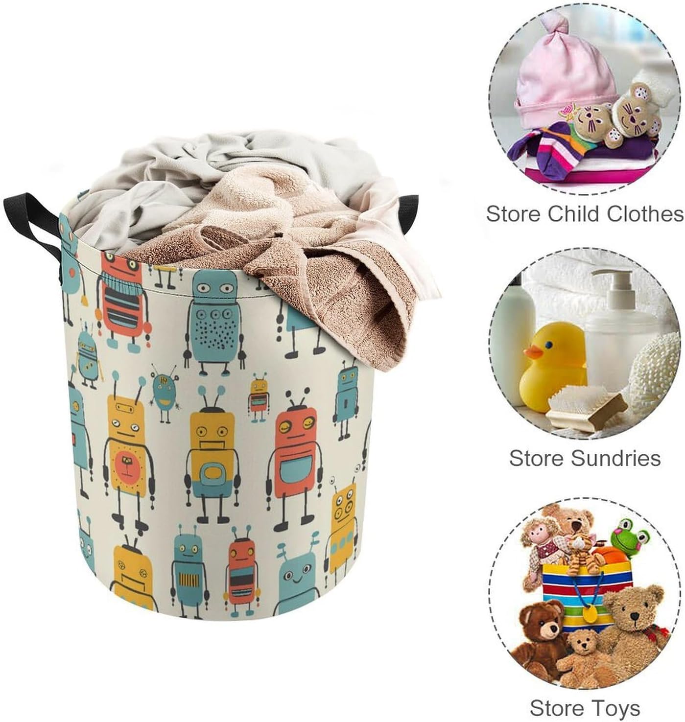 Cute Various Robot Print Laundry Basket Dirty Clothes Hamper Storage Laundry Bag with Handles for Dorm Room 44x35cm