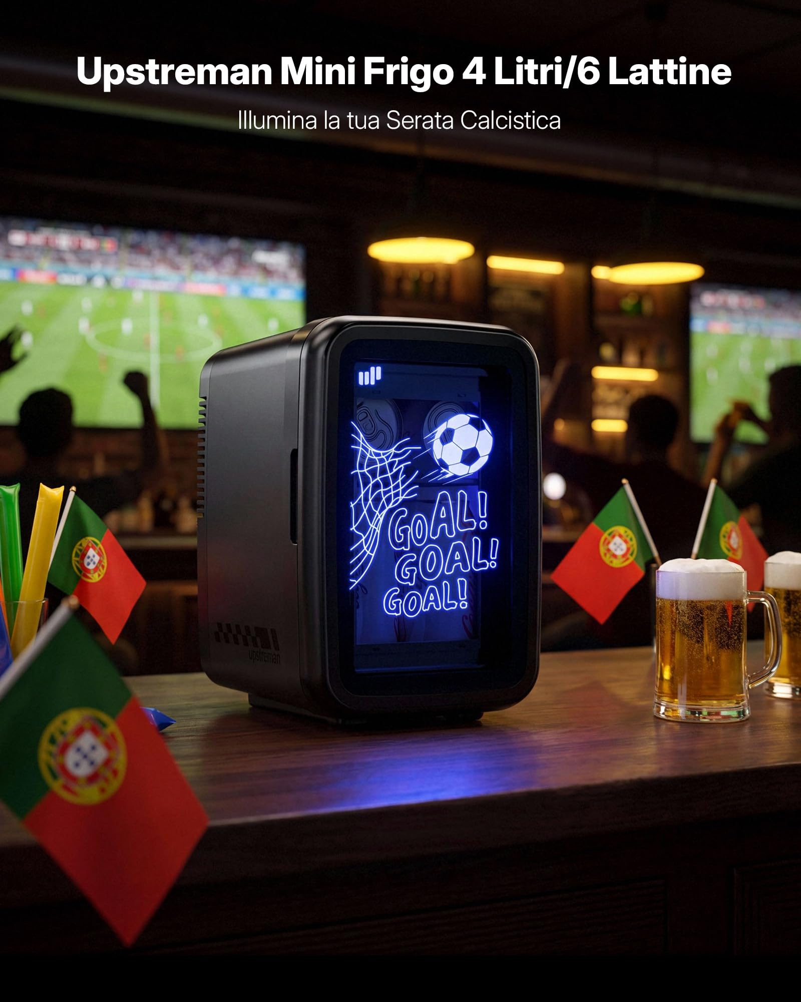 Upstreman Mini Frigo da Camera, 4L, 7 Colori Luminosi LED, Mini Frigo Termoelettrico, 12V/220V, Mini Frigoriferi per Partita di Calcio, TR4-F