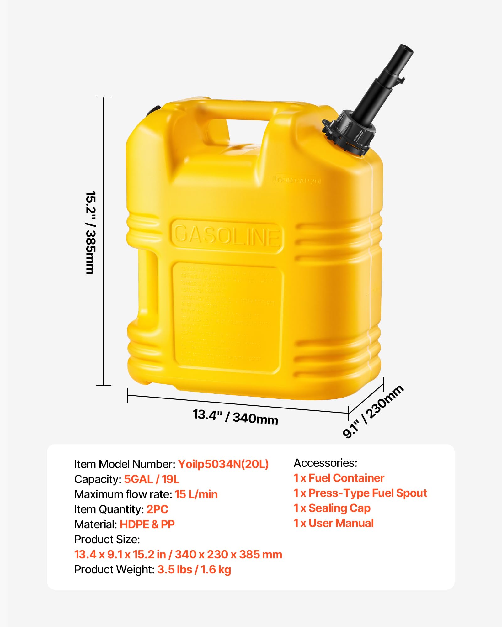 VEVOR Kraftstoffkanister 2er-Pack 19 L, Benzinkanister mit Ausguss & klarer Skala, max. Durchflussrate 15 L/min, Flüssigkeitsbehälter für die meisten Autos, Motorräder, SUVs, ATVs & UTVs, gelb
