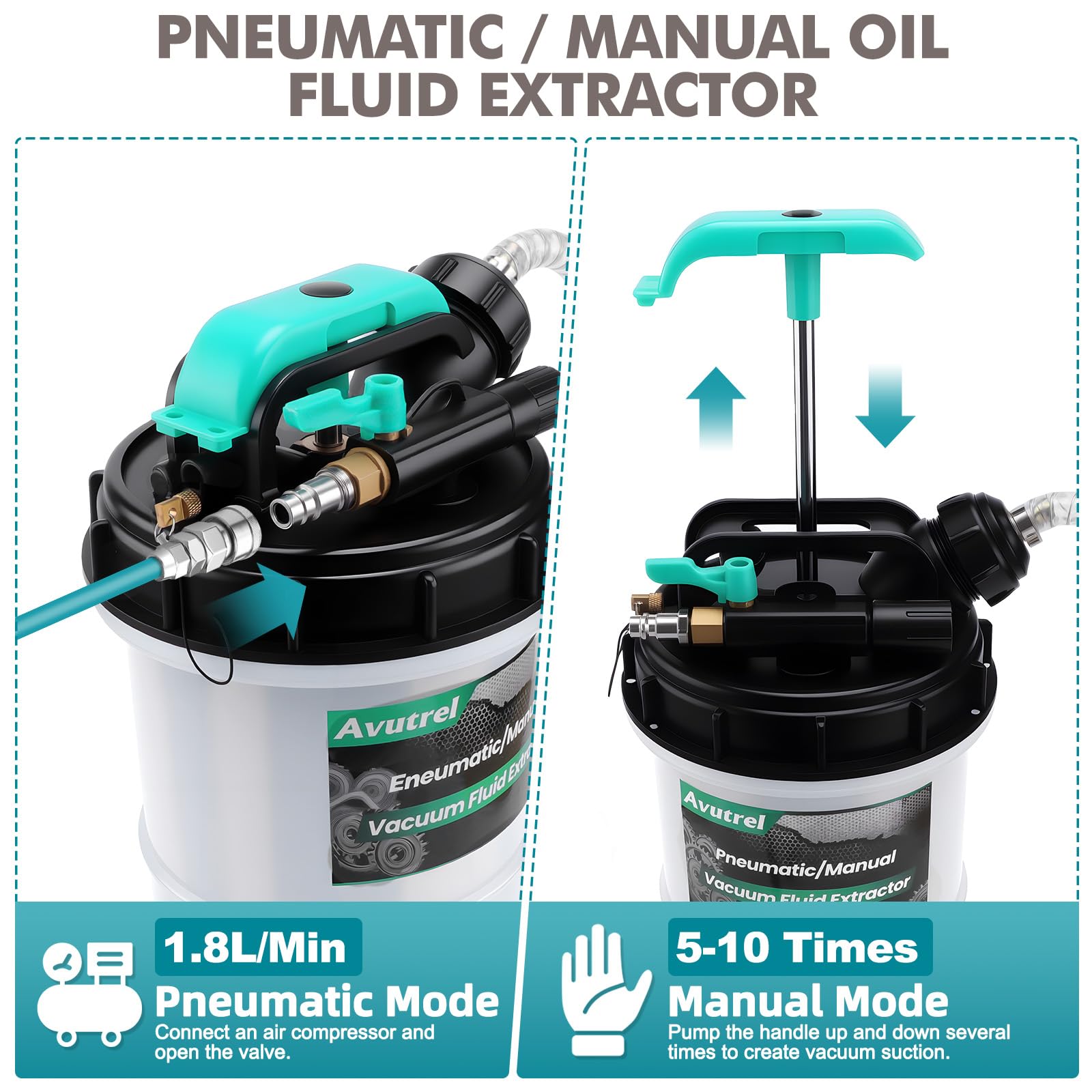 5,3 L Manuale e Pneumatico Pompa Aspirazione Olio, Pompa Estrattore Liquidi Olio, Pompa di Estrazione per Cambio Olio di Motore, con 6 Tubi Flessibili e Valvola di Sicurezza