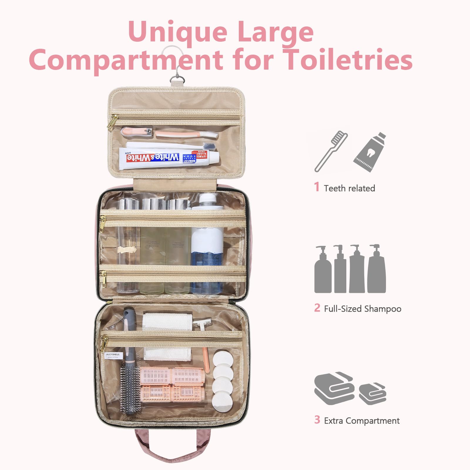 3-in-1 abnehmbare Reise-Kulturtasche zum Aufhängen, große Kapazität, 5 Fächer, Make-up-Kosmetiktasche mit Gepäckgürtel, wasserdicht, transparentes Fach, Large, Reisen