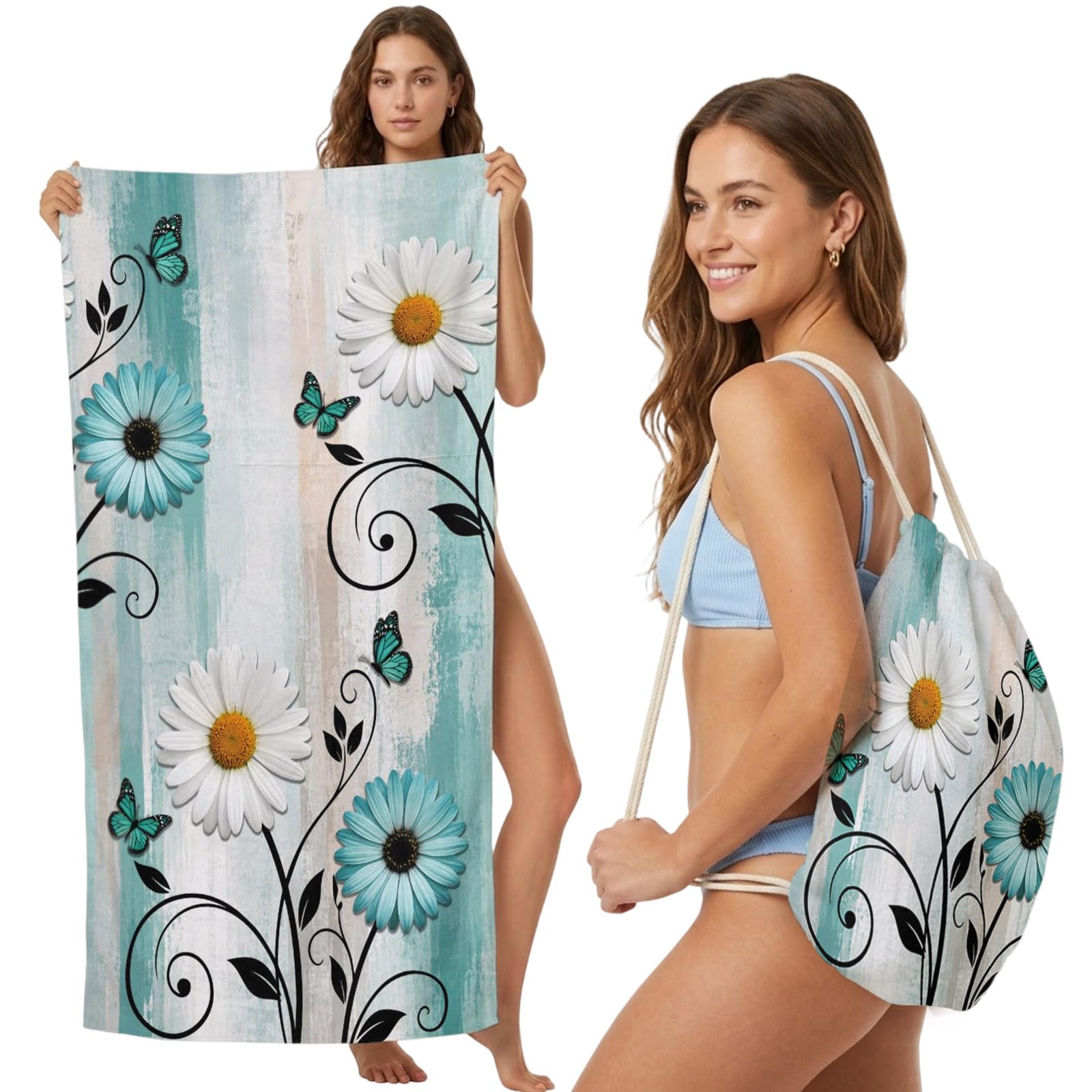 Beach Towel Bag 2 in 1 Turquoise Daisy Flower Vines Bath Pool Towels Backpack Butterfly Blooms Absorbent Beach Towel Soft Quick Dry Lightweight Packable Towels Drawstring Bag for Travel Sports Yoga