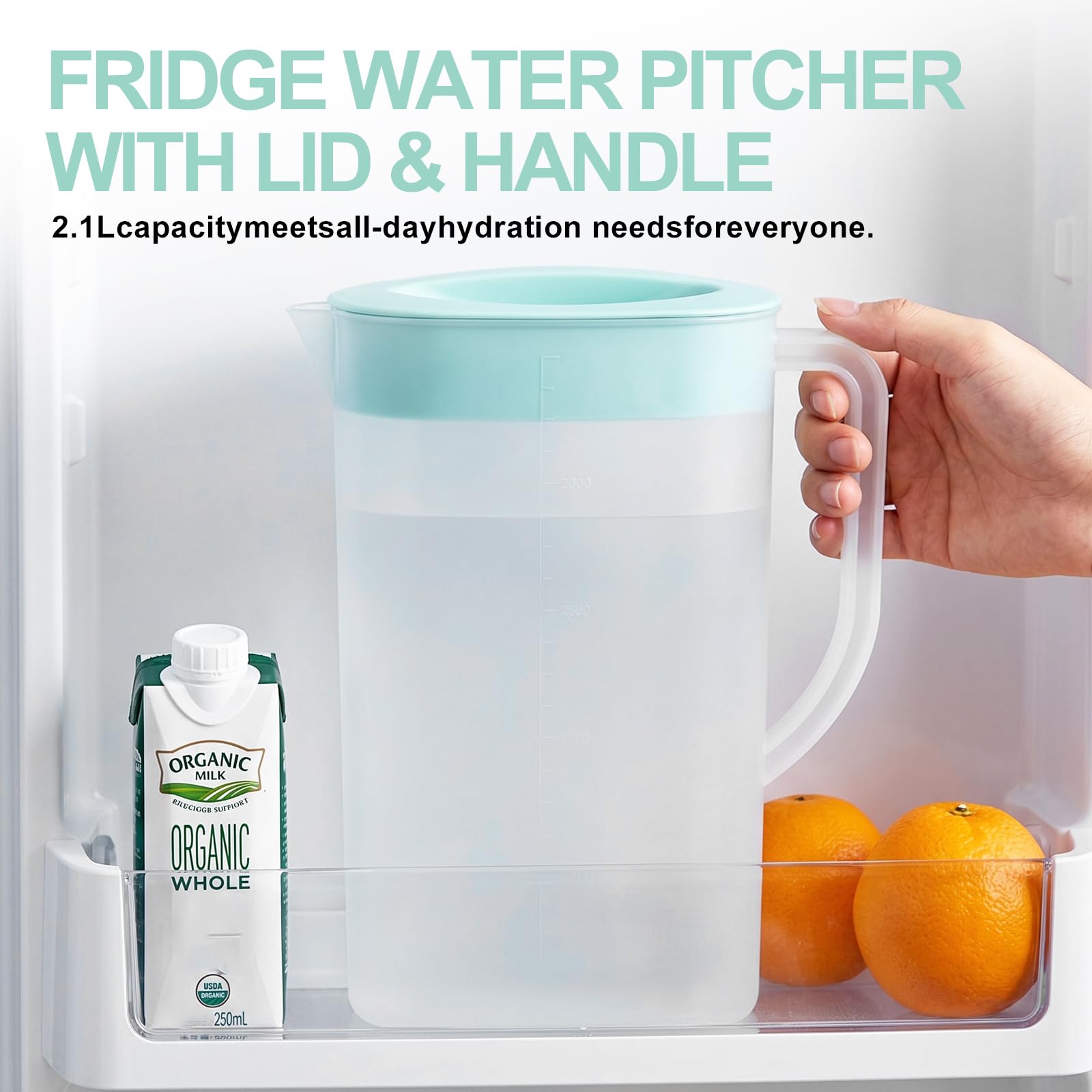 2 boccali in plastica da 2,1 l con coperchio: materiale PP con manico, ampia apertura con coperchio, per la casa e picnic, tè, succhi di frutta, limonata