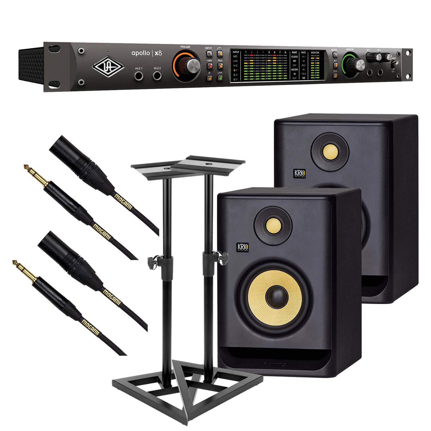 Universal Audio Apollo x8 Heritage Edition 18 x 24 Thunderbolt, (2) KRK RP5G4 Monitors, Monitor Stands, (2) Mogami XLR to 1/4 Bundle