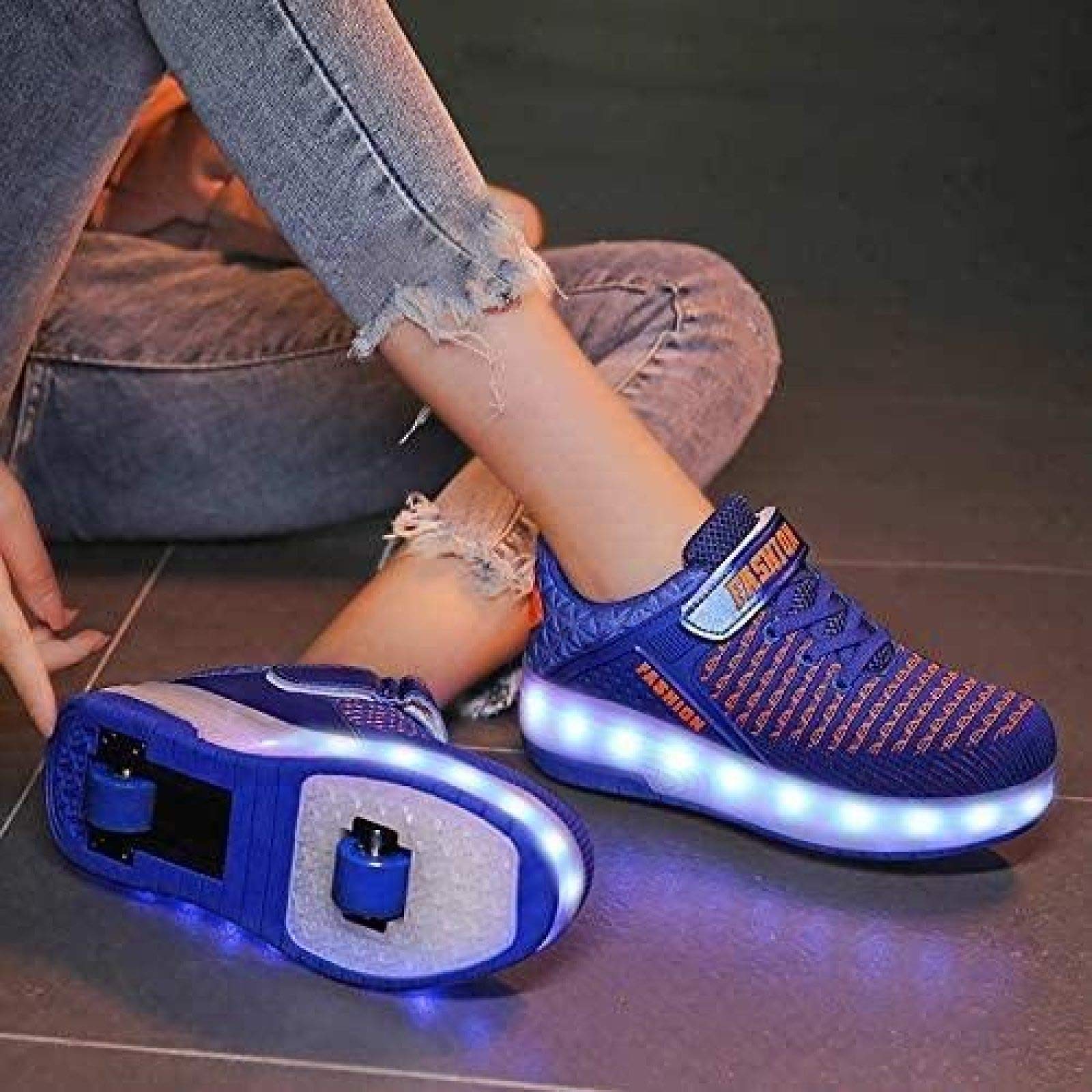 Zapatillas De Skate LED con Ruedas Dobles Zapatillas De Skate Zapatillas con Ruedas LED Niños Niños Niñas Gimnasia Al Aire Libre Zapatillas De Moda Técnica,Blue-32 EU