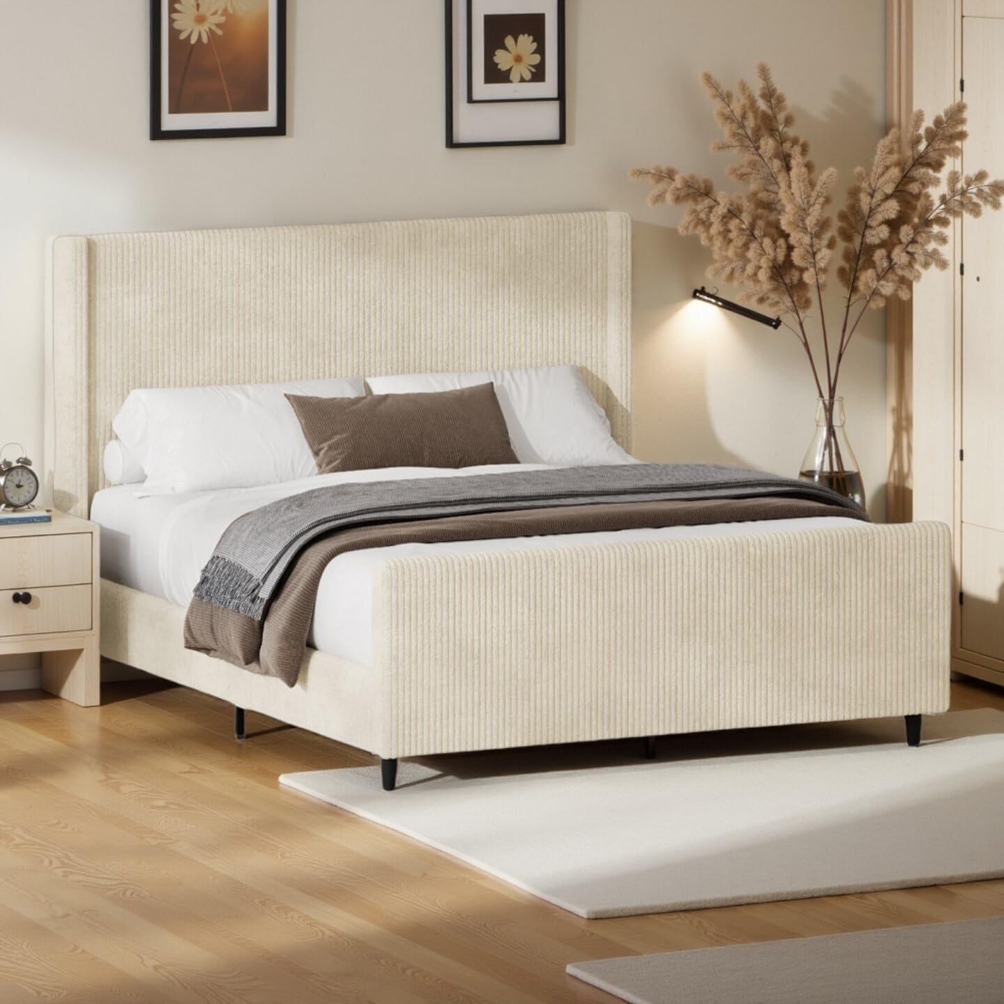 LUMISOL Queen Size Platform Bed with Wingback Headboard, Modern Upholstered Corduroy Bed Frame, Wood Slats and Sturdy Supports, Cream