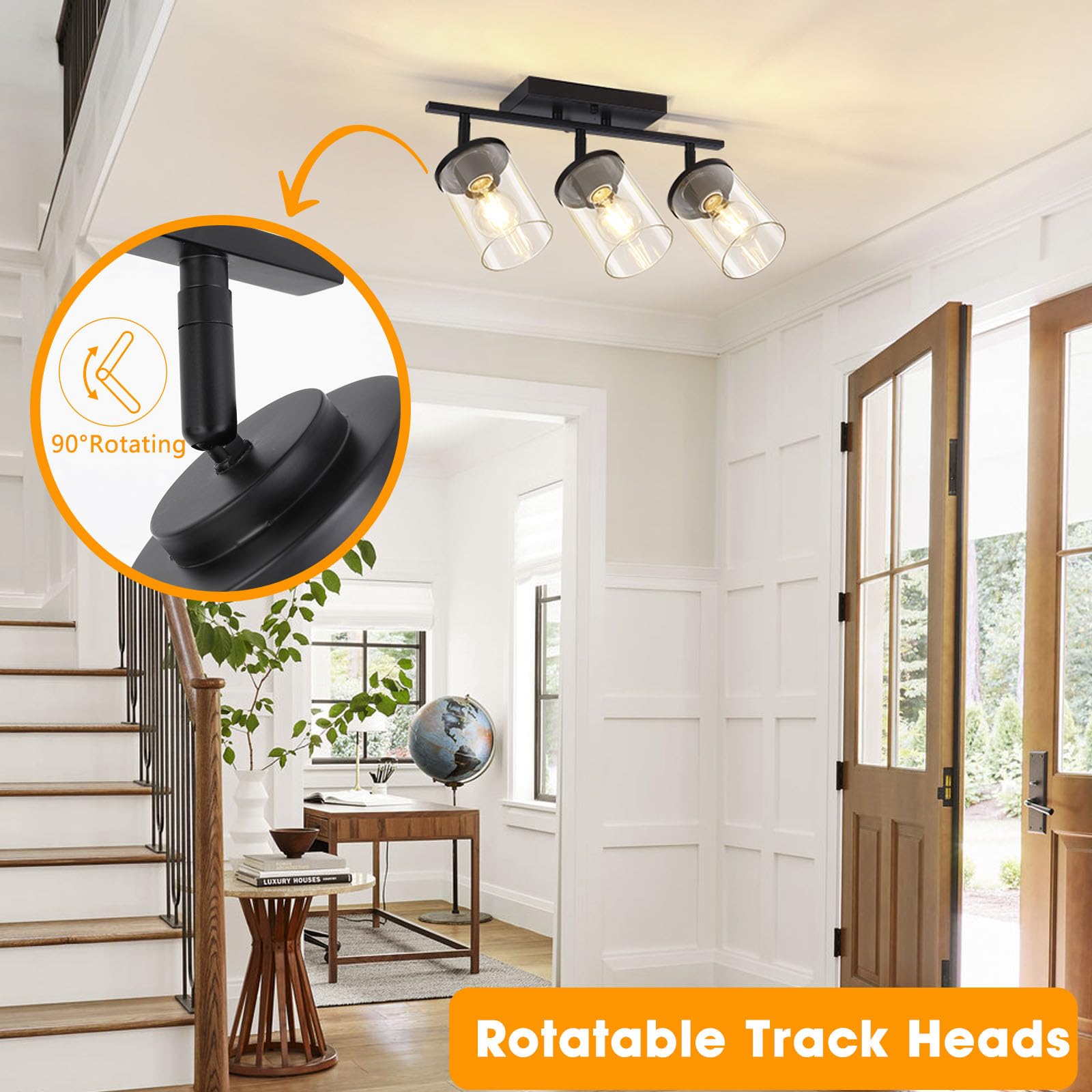 Lámpara de techo semiempotrada de 3 luces con pantalla de vidrio transparente, ajustable direccional negra, accesorios de iluminación de riel para techo, accesorios de cocina giratorios para 4