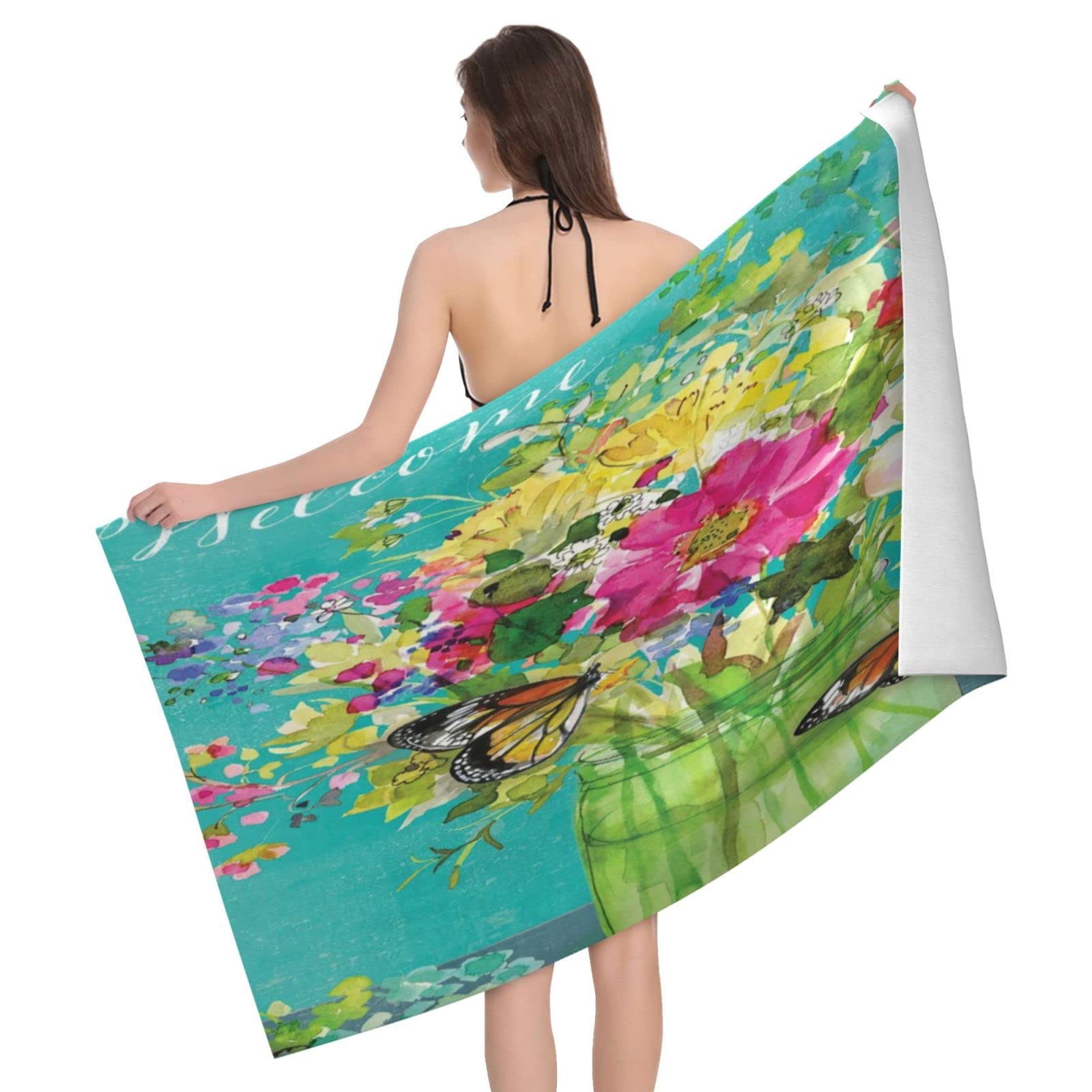 Lawenp Flower and Butterfly Beach Towel, Lightweight Sand Free Quick Dry Microfiber Absorbent Bath Towel for Kids, Adults, Swimming, Bath, Yoga, Pool, Travel, Camping 32"X52"