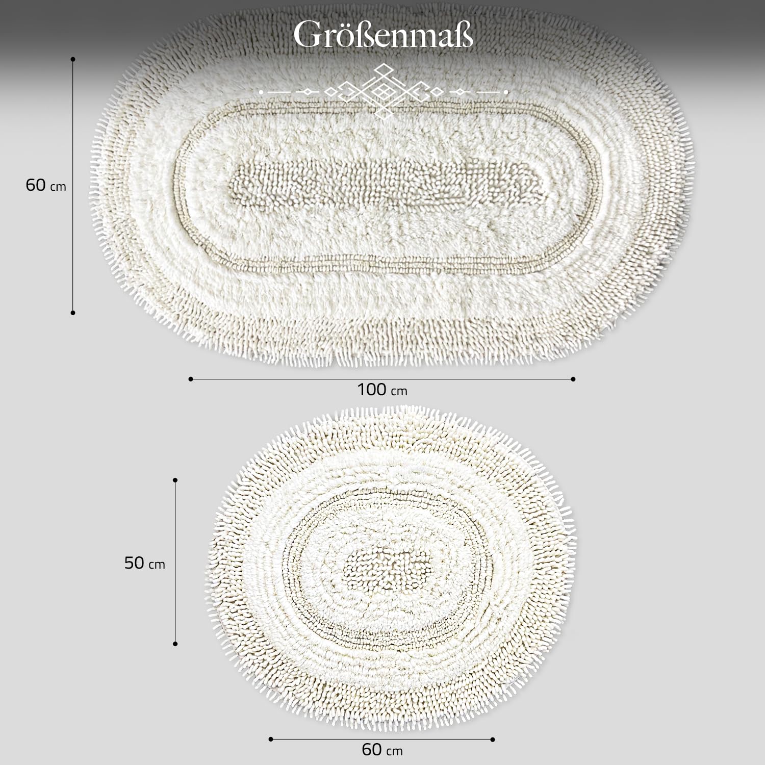 Oval Badematte Creme, 2er Set (60x100 cm + 50x60 cm)| Badezimmerteppich, Badteppich | Weiche Bad- und Duschvorleger | Für Bad, Dusche und Toilette, Maschinenwaschbar Badvorleger Macoroni