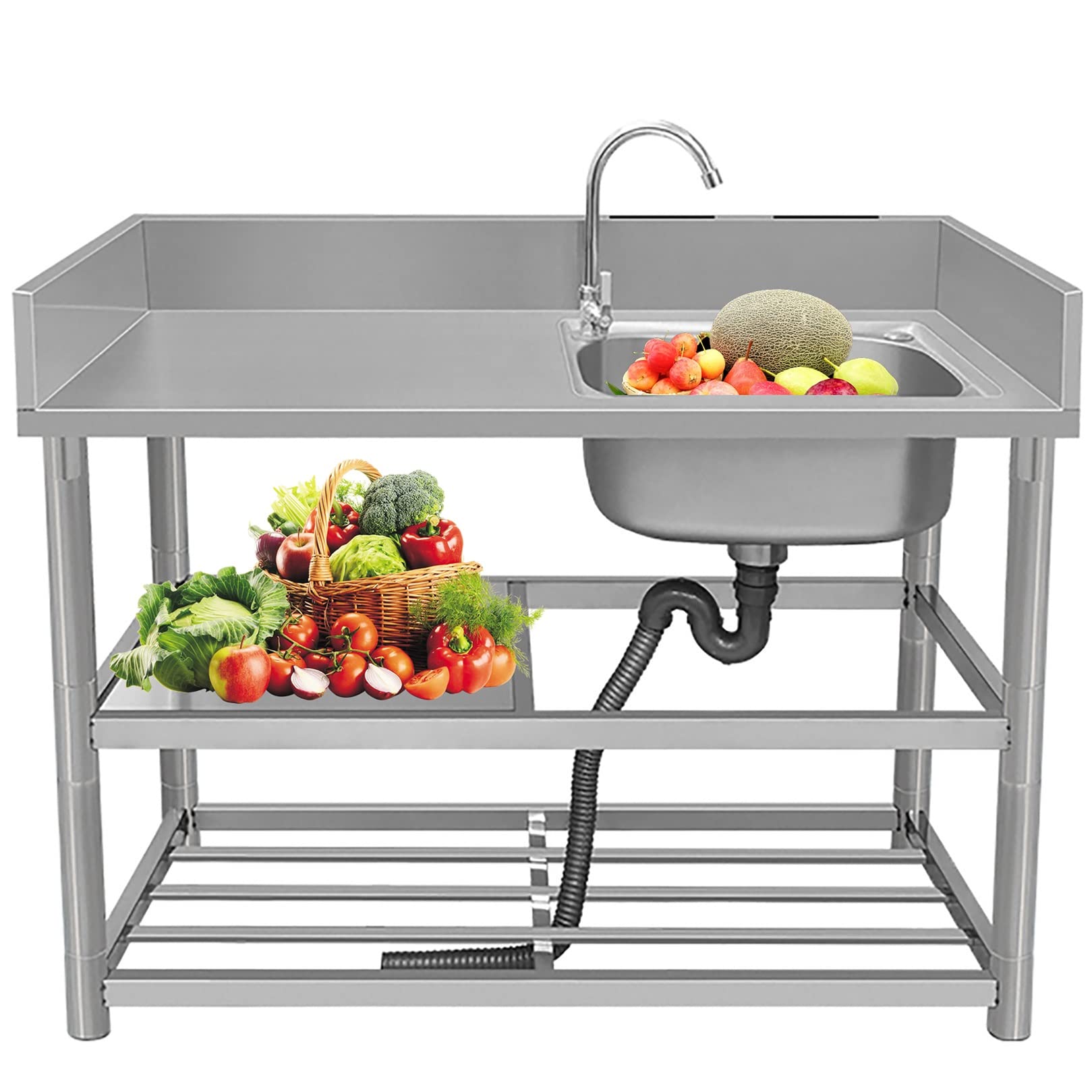 ZXGRfdefa stainless steel sink, Basin with Workbench, Washing Station Kitchen Sink with Faucet Combo, Garden, Slop