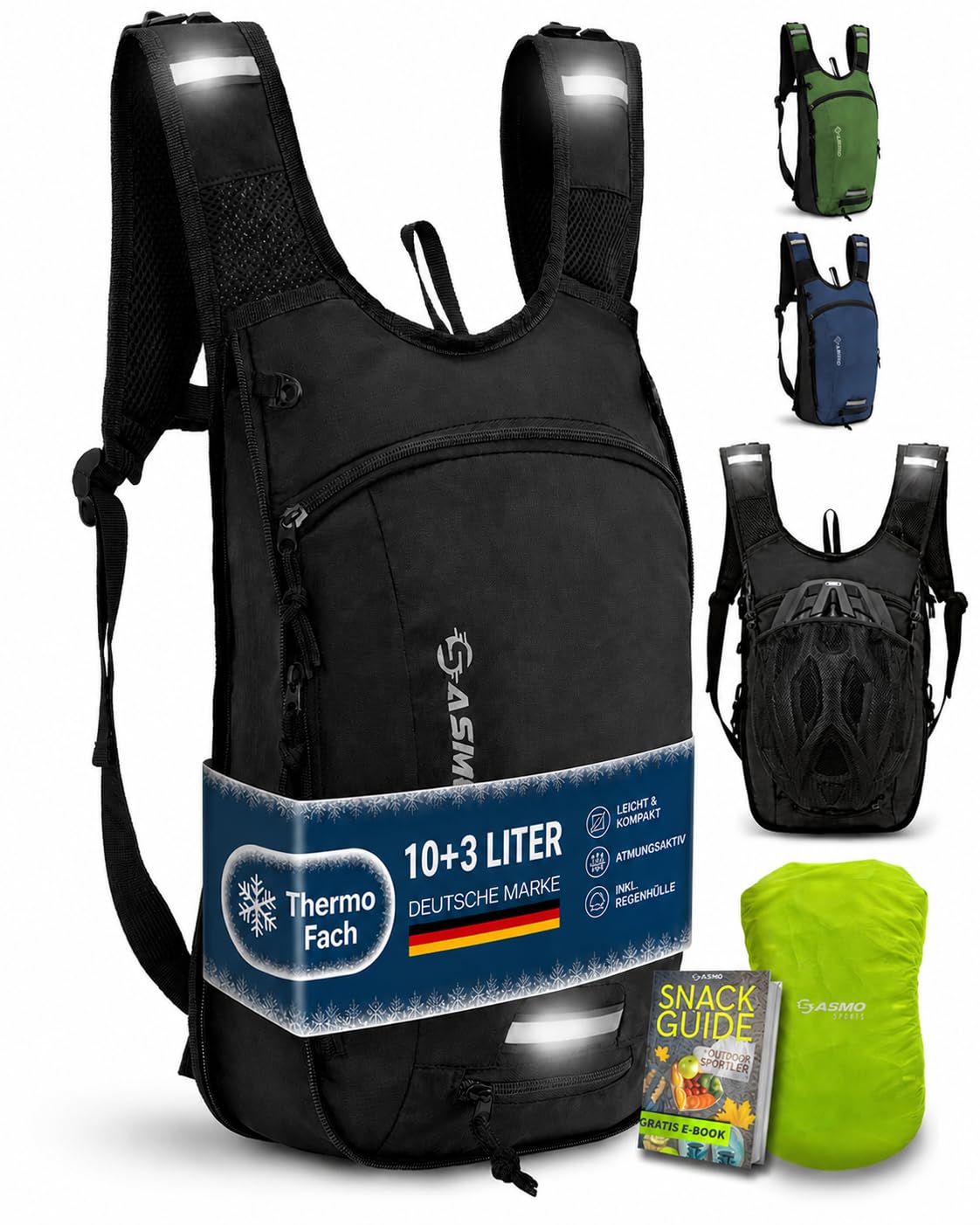 SASMO® Fahrradrucksack & Skirucksack 6L / 8L / 10+3L / 14+3L / 20L mit Thermofach, Helmnetz & Regenschutz | Ultraleicht - MTB Rucksack Herren & Damen | Kleiner Fahrradrucksack Herren & Damen