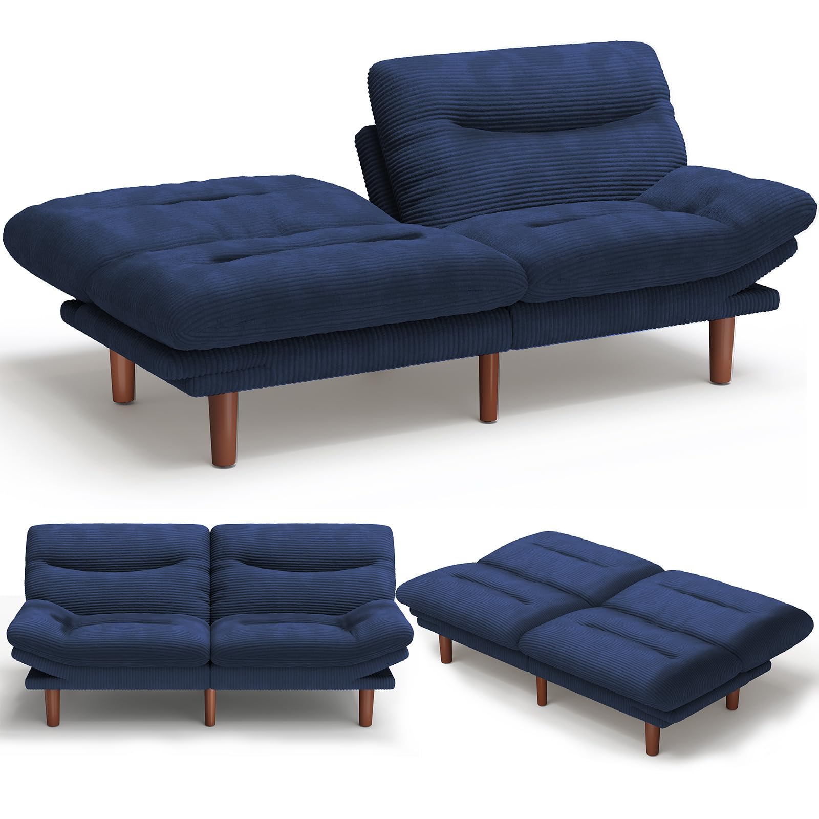 Amada 66 inch Convertible Corduroy Futon Sofa Bed, Blue