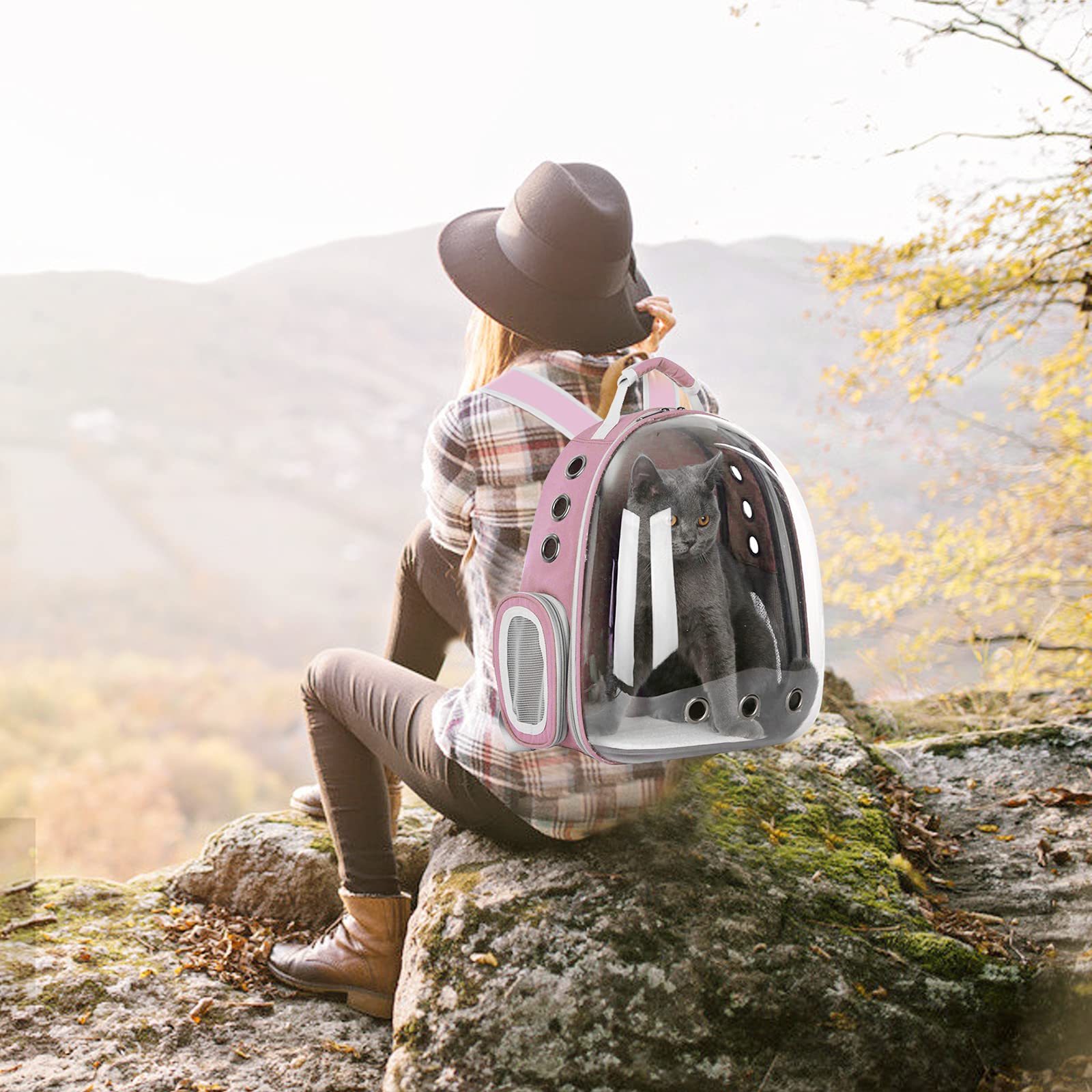 PETCUTE Katzenrucksack Raumkapsel,Tragbar Haustier-Rucksack für kleine Katzen, Welpen, Hunde, Hase,Atmungsaktiv transparenter Hunderucksack,für Reisen, Spaziergänge und Wandern,Rosa