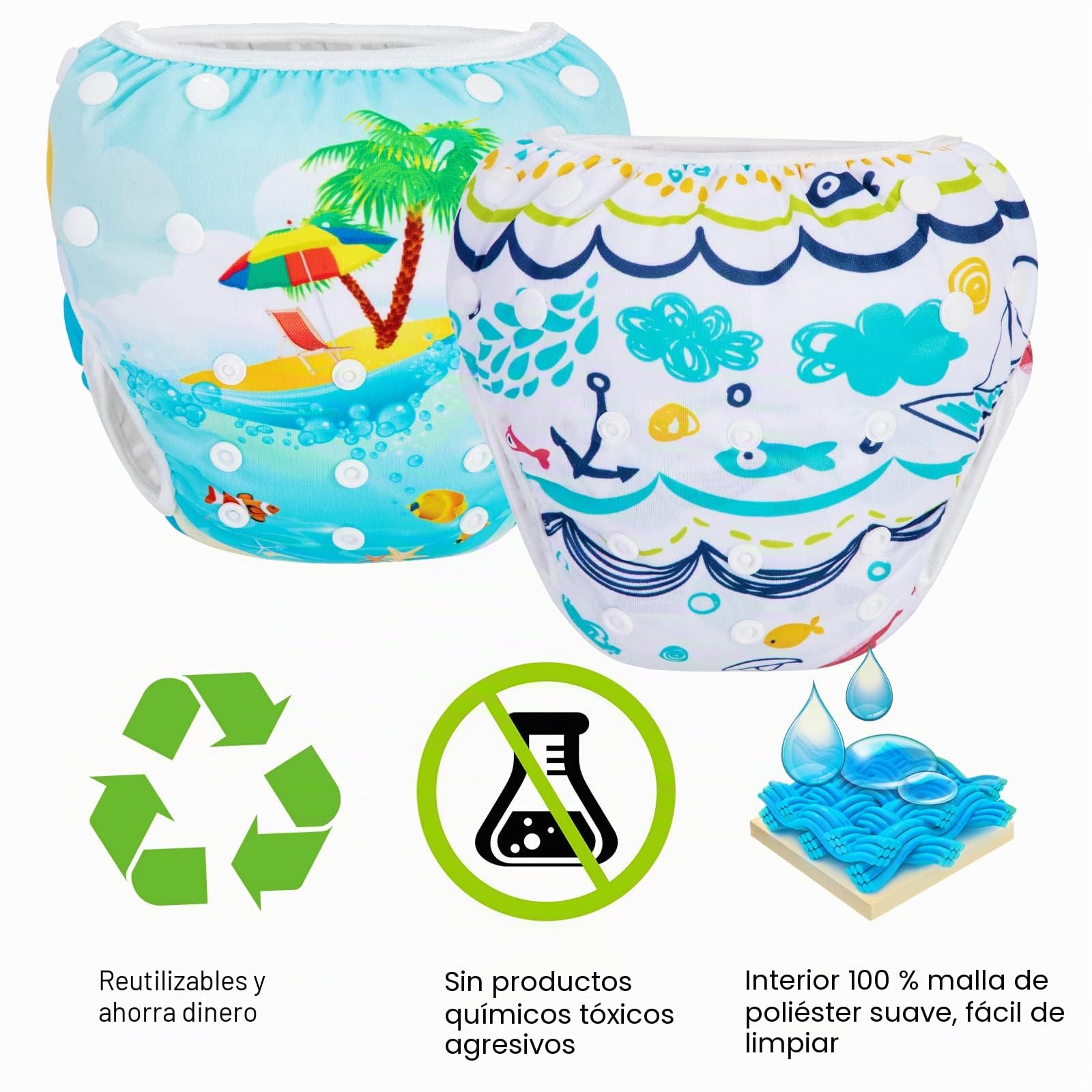 PHOGARY Pañal Bañador (2 Piezas) Pañal De Matar Pantalones De Entrenamiento, Pañales De Baño Para Niños Niñas 0-3 Años (3-10kg), Playa + Ballena